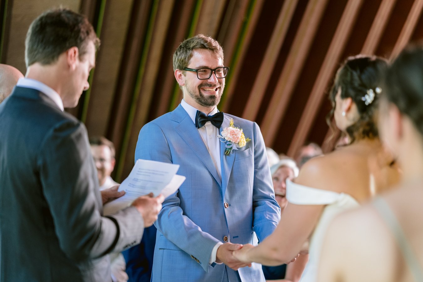Emotional groom during wedding ceremony at Val St Come