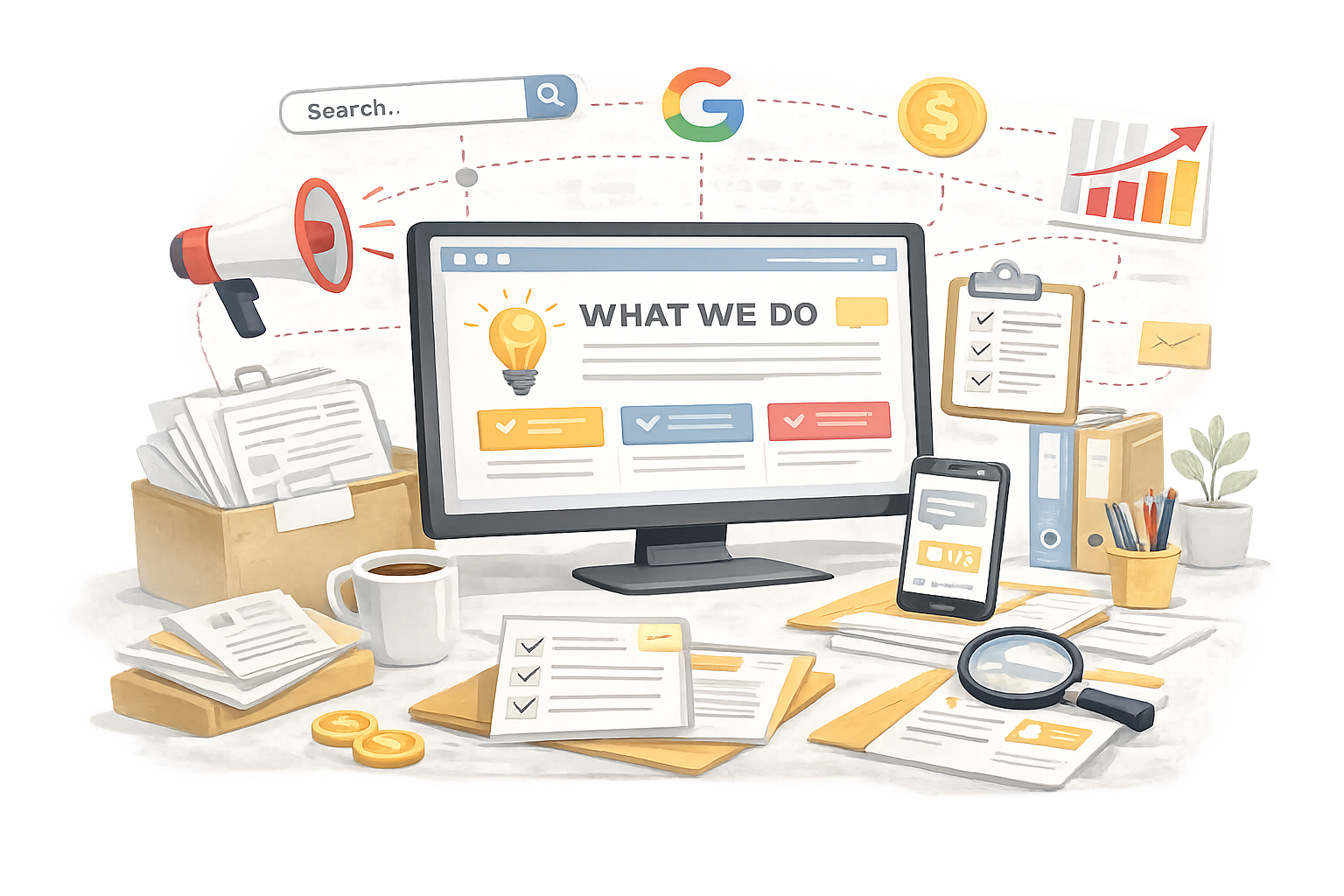 A cluttered office desk with a computer monitor displaying 'What We Do' and a lightbulb icon, surrounded by papers, folders, a coffee mug, a smartphone, coins, a magnifying glass, a clipboard, a pencil holder, and a potted plant, with graphical charts and a search bar in the background.