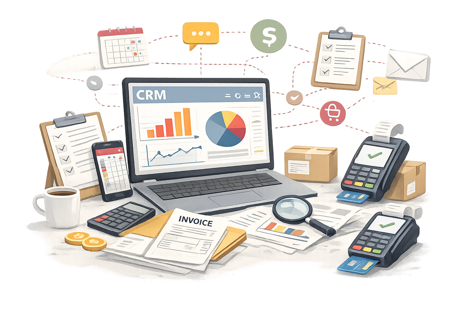 Illustration of organized business tools including CRM software, invoicing, payments, scheduling, and digital systems working together to support small business operations.