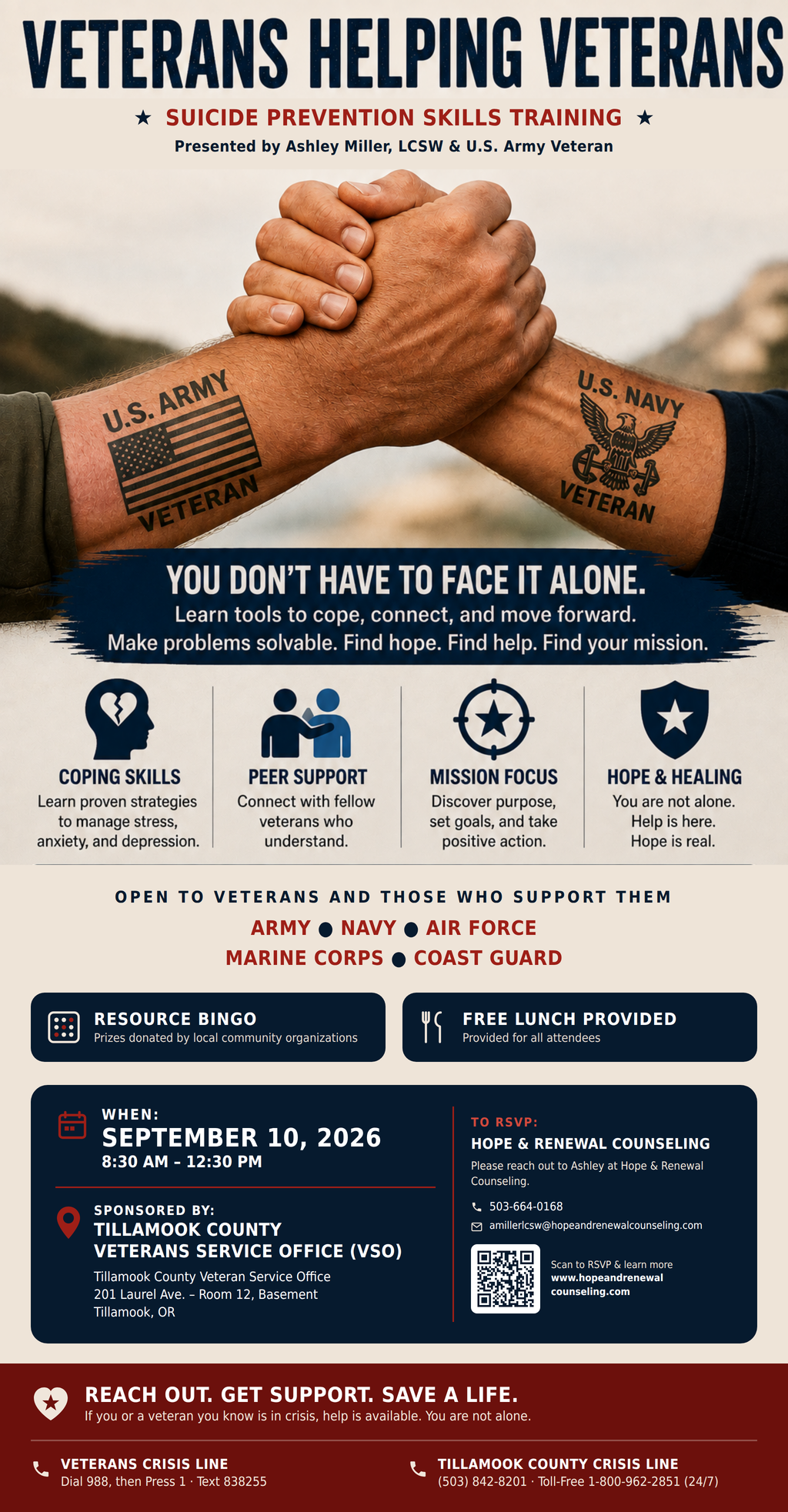 Suicide Prevention Skills Training flyer for Veterans & those who support them, September 10, 2026, Tillamook County Veteran Service Office.