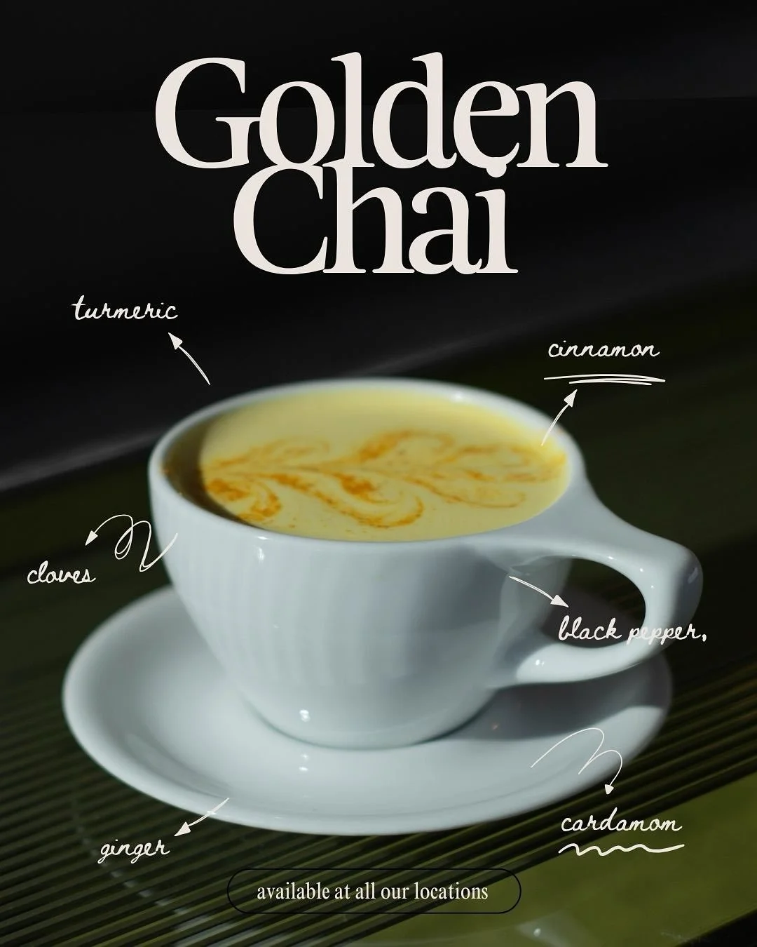 Meet the Golden Chai

A soothing blend of turmeric, cinnamon, ginger, cardamom, cloves, and black pepper - crafted to warm you from the inside out.

Earthy, spiced, and naturally good for you. 🤍
Available at all Vibe locations.

#GoldenChai #VibeCof