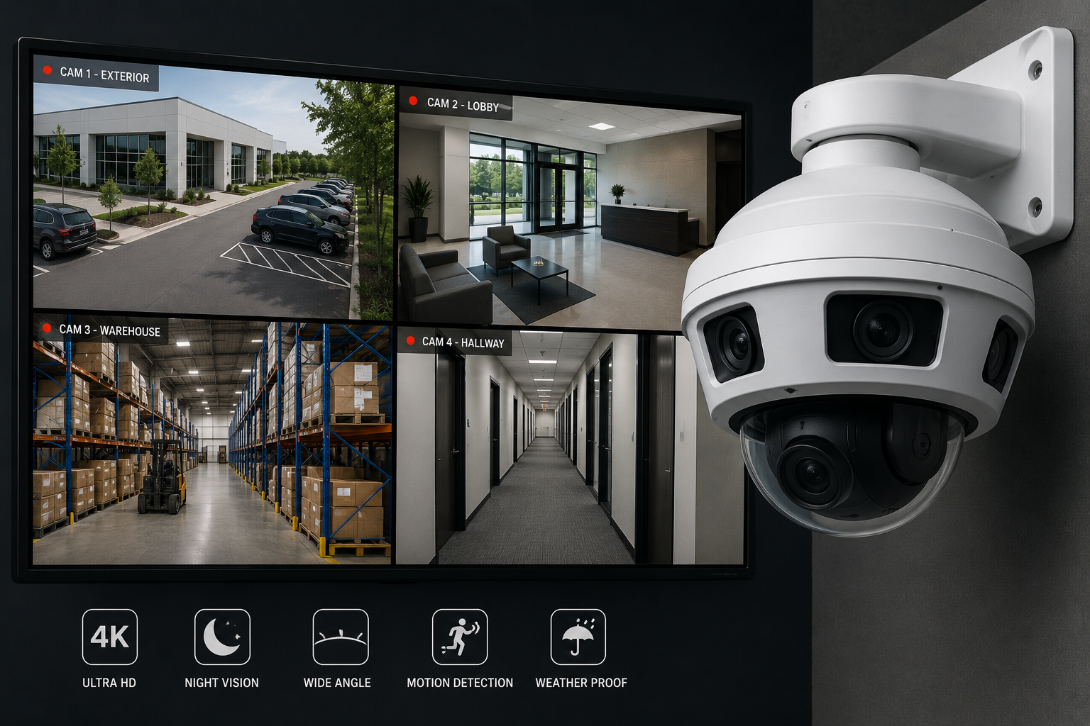 Surveillance system with four camera views and icons for features including 4K ultra HD, night vision, wide angle, motion detection, and weatherproofing