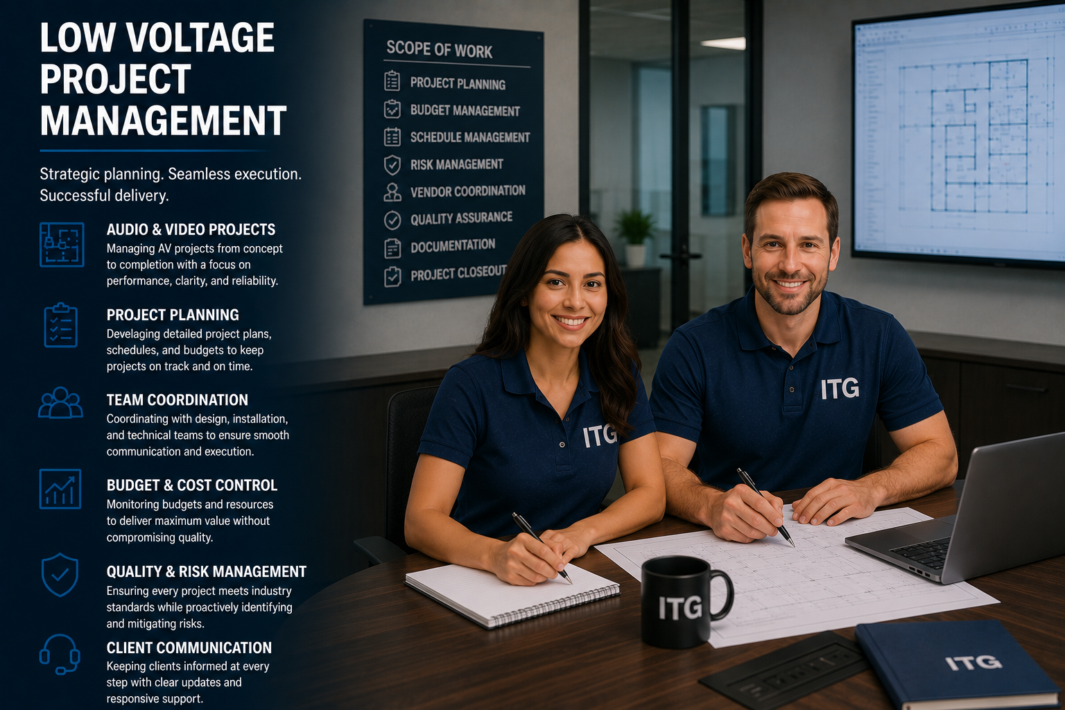 Two smiling professionals in ITG uniforms sitting at a conference table with a laptop, documents, and a coffee mug, in a modern office with project management posters and technical drawings on the wall.