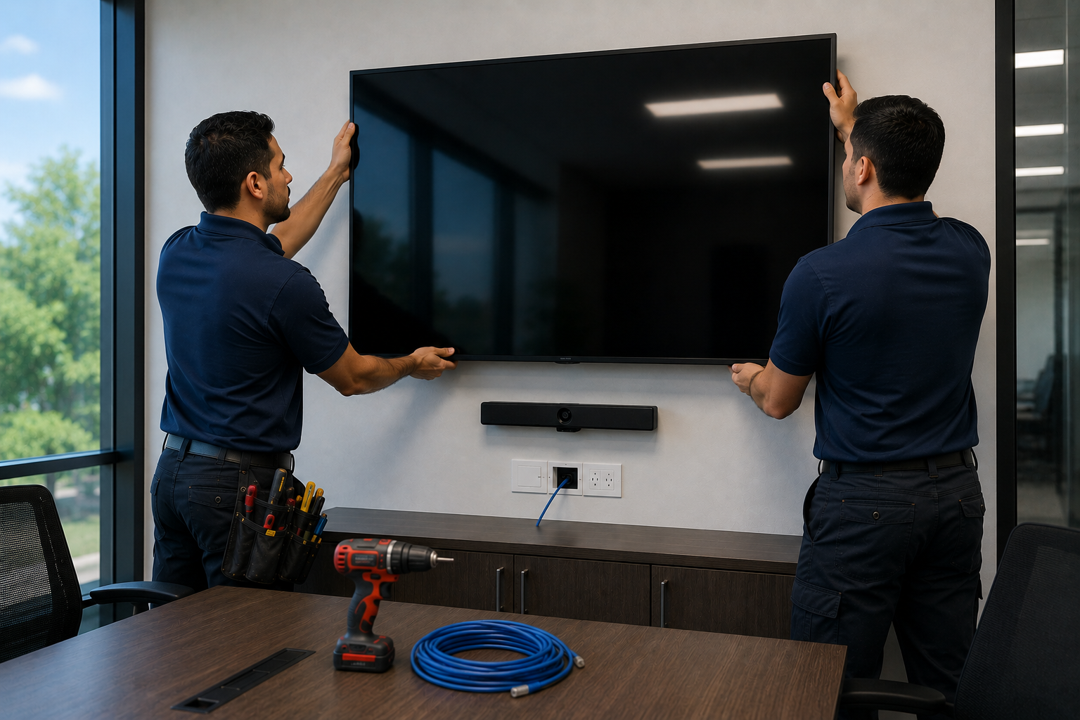 Two men installing a flat-screen TV on a white wall in a conference room with tools on the table nearby.