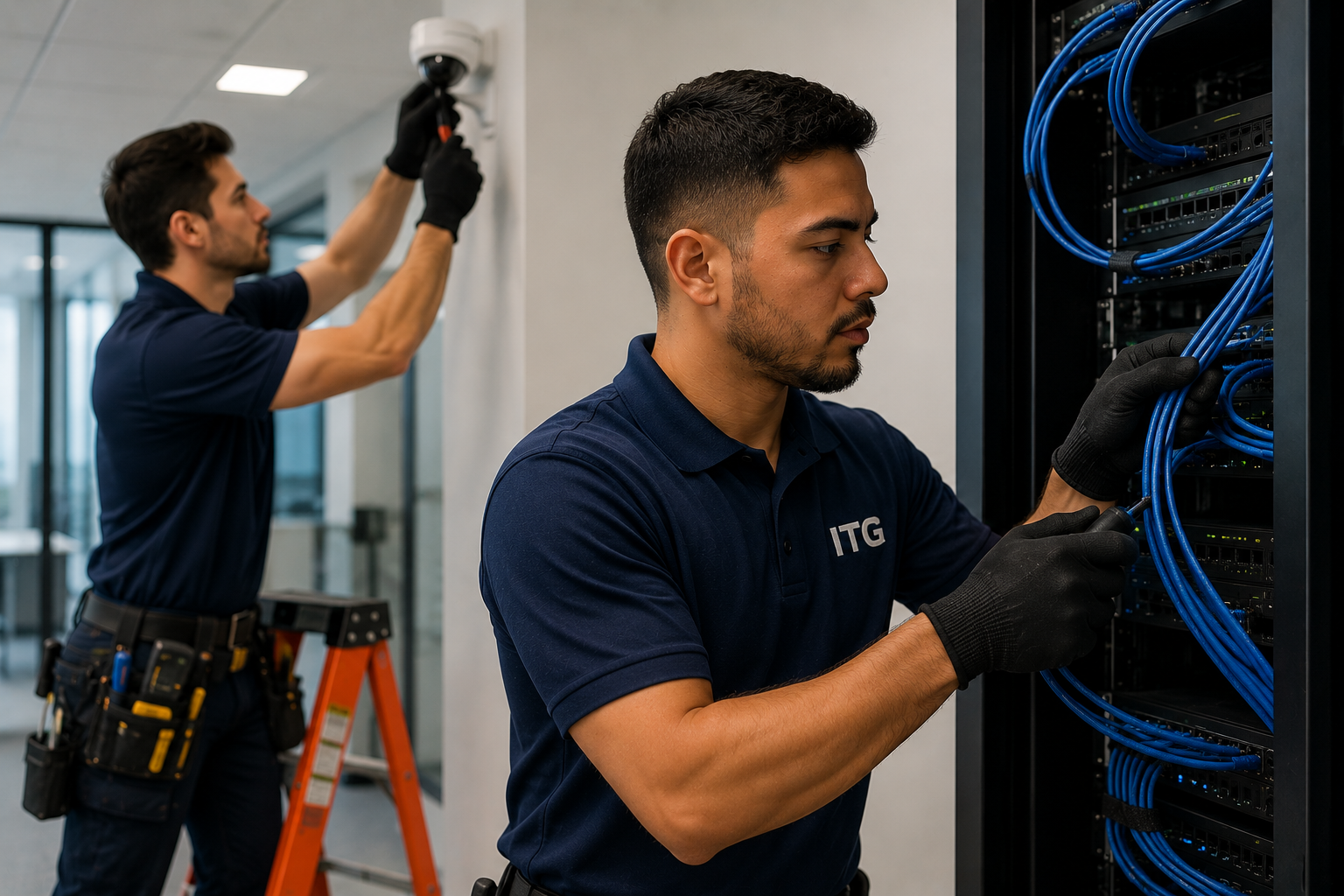 Two technicians working on a server rack, one connecting blue cables and the other adjusting a security camera.
