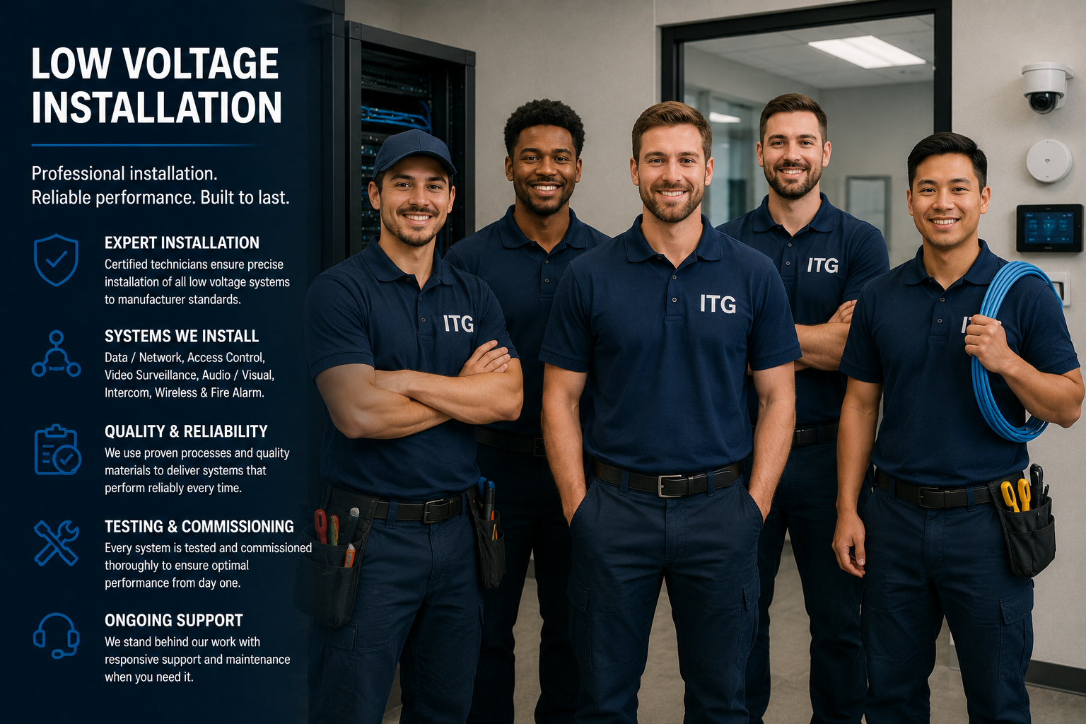 A group of five technicians wearing dark blue polo shirts with 'ITG' logo, standing in a server room, smiling and posing for the photo, with a poster highlighting low voltage installation services to their left.