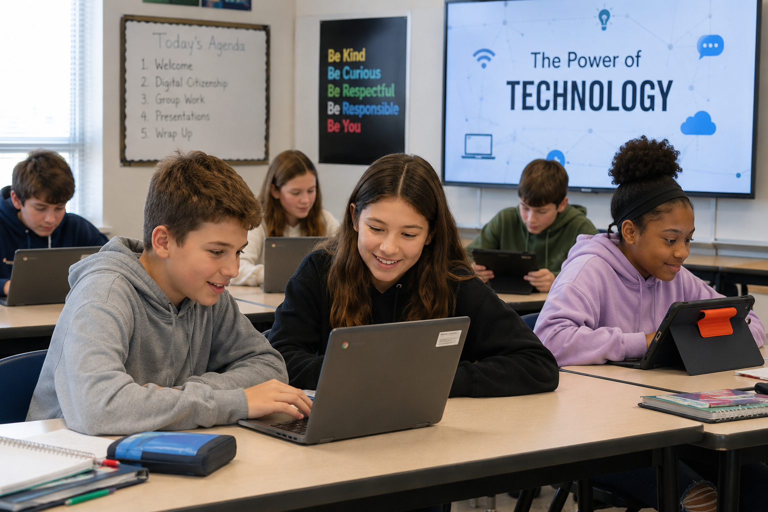 Students in a classroom using tablets and laptops at their desks, with a whiteboard and windows in the background.