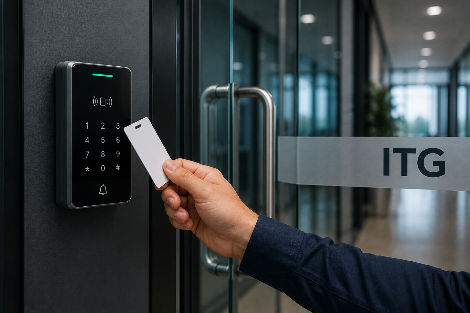 Person holding an RFID keycard near a digital access control panel at an entrance.