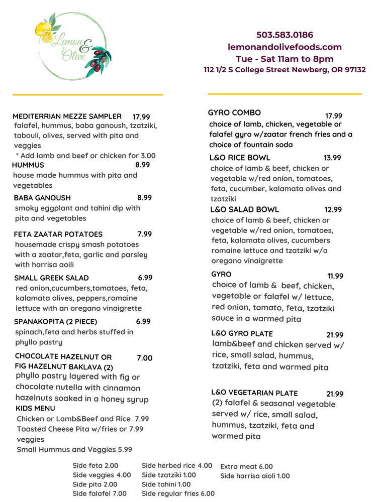 Menu — Lemon and Olive