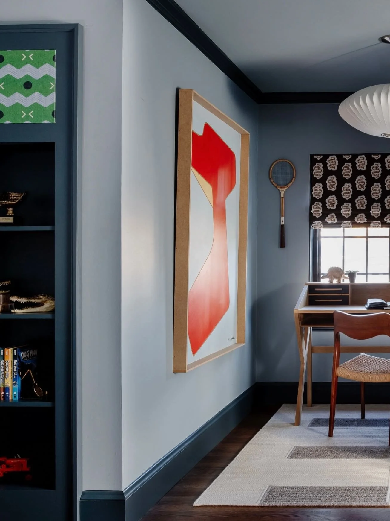 A satisfying swipe through this blue boy&rsquo;s space. 

The colors here were born of an initial freak out. The space was supposed to be all panted in the trim. But wow was that dark. 

So we pivoted. And sometimes the best results are achieved beca