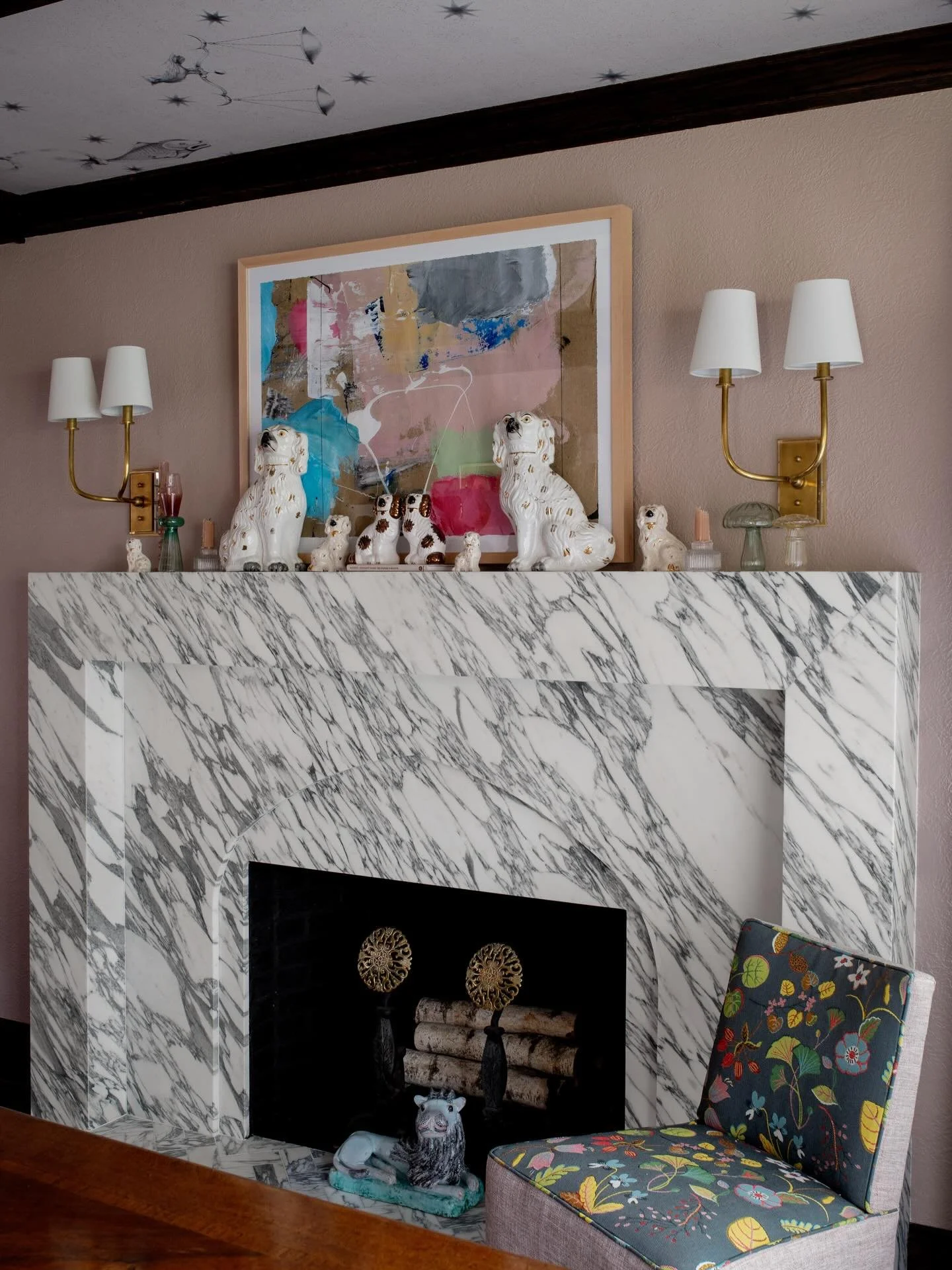 Swipe &mdash;-> for the before!

I loved both versions of this fireplace, original dark wood mantle, soapstone surround and original hearth with a pretty Spanish tile border.

But I hella love the new version. She is bright, she is bold, she is be