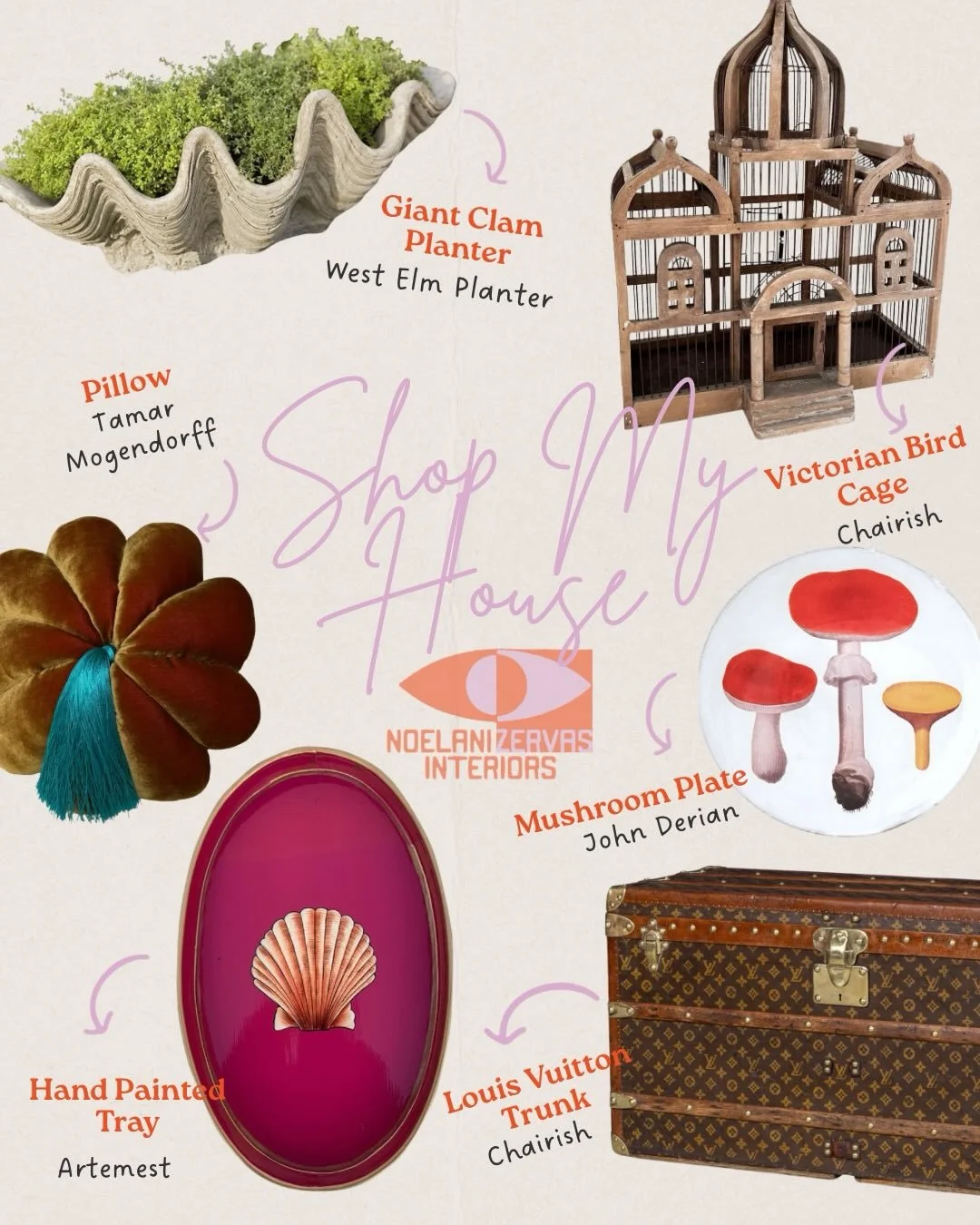 Let&rsquo;s go shopping, but shop the greatest items from my house and recent @homeworthy  tour&hellip;.. 

Trays from @les_ottomans 
Giant clam planter from @westelm 
Victorian bird cages from @chairishco 
Pillows from @tamar.mogendorff 
Mushroom de