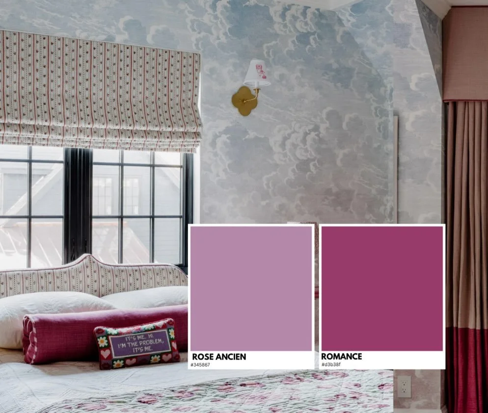 Warning: designer tips included for free below 👇 read on!

We used not one, not two, but three amazing fabrics from Pierre Frey in this bedroom. Scroll &mdash;> for some fun and pass it along.

Shabby linen in Rose Ancien &amp; Romance were used 