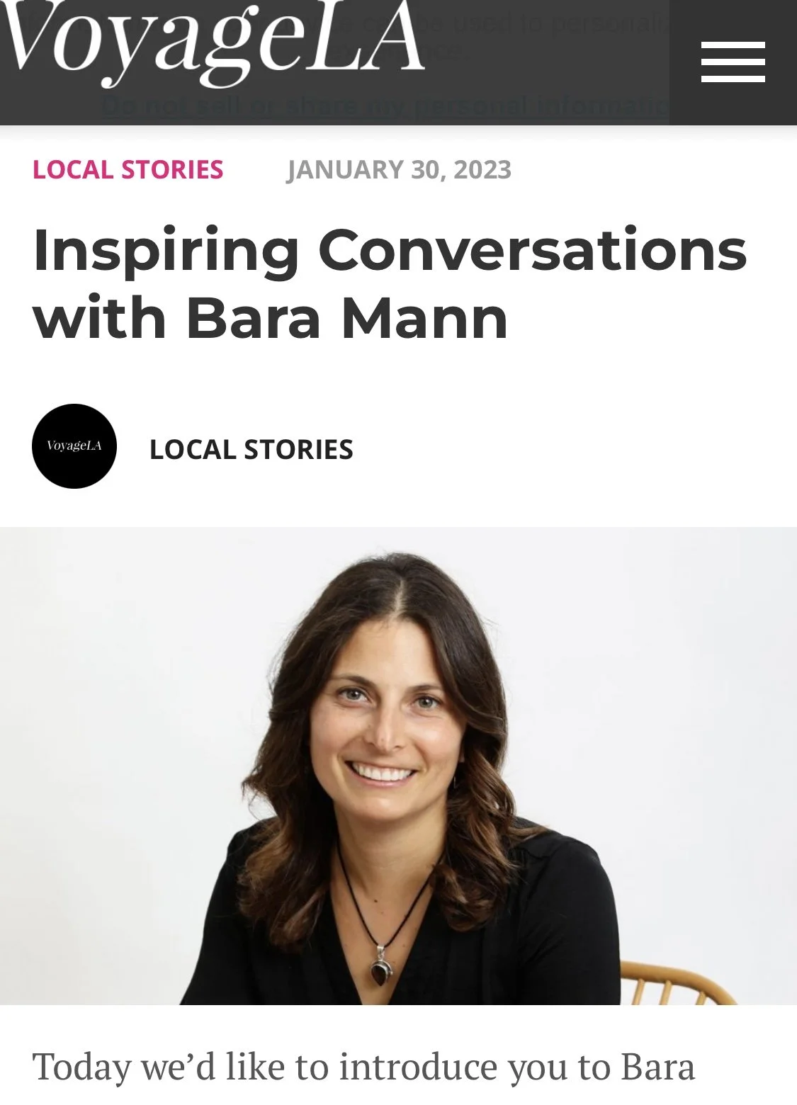 Text Says VoyageLA Local Stories January 30, 2023 Inspiring Conversations with Bara Mann Local Stories above a photo of speaker Bara Mann