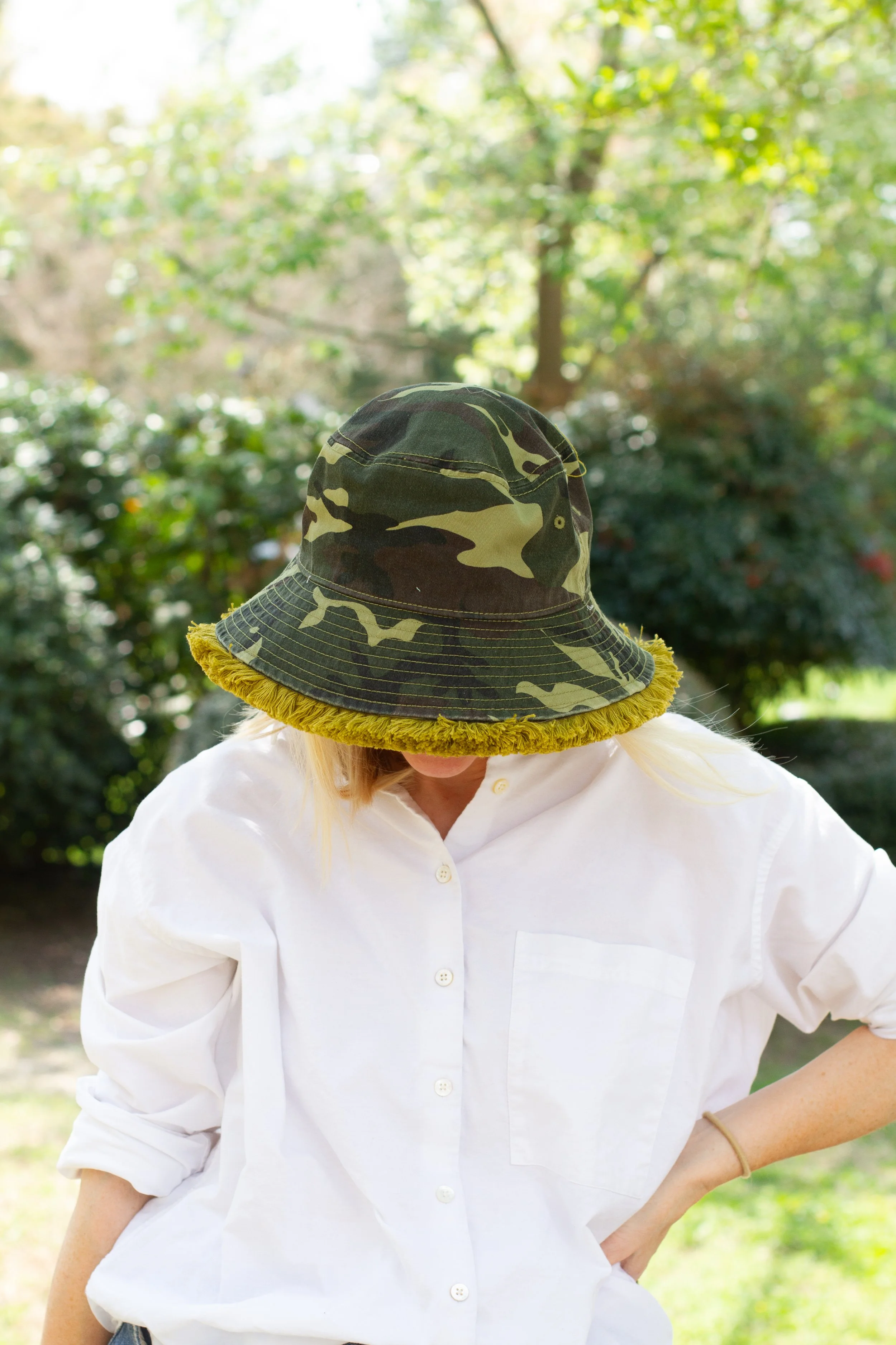 Chartreuse Fringe Camo Bucket Hat