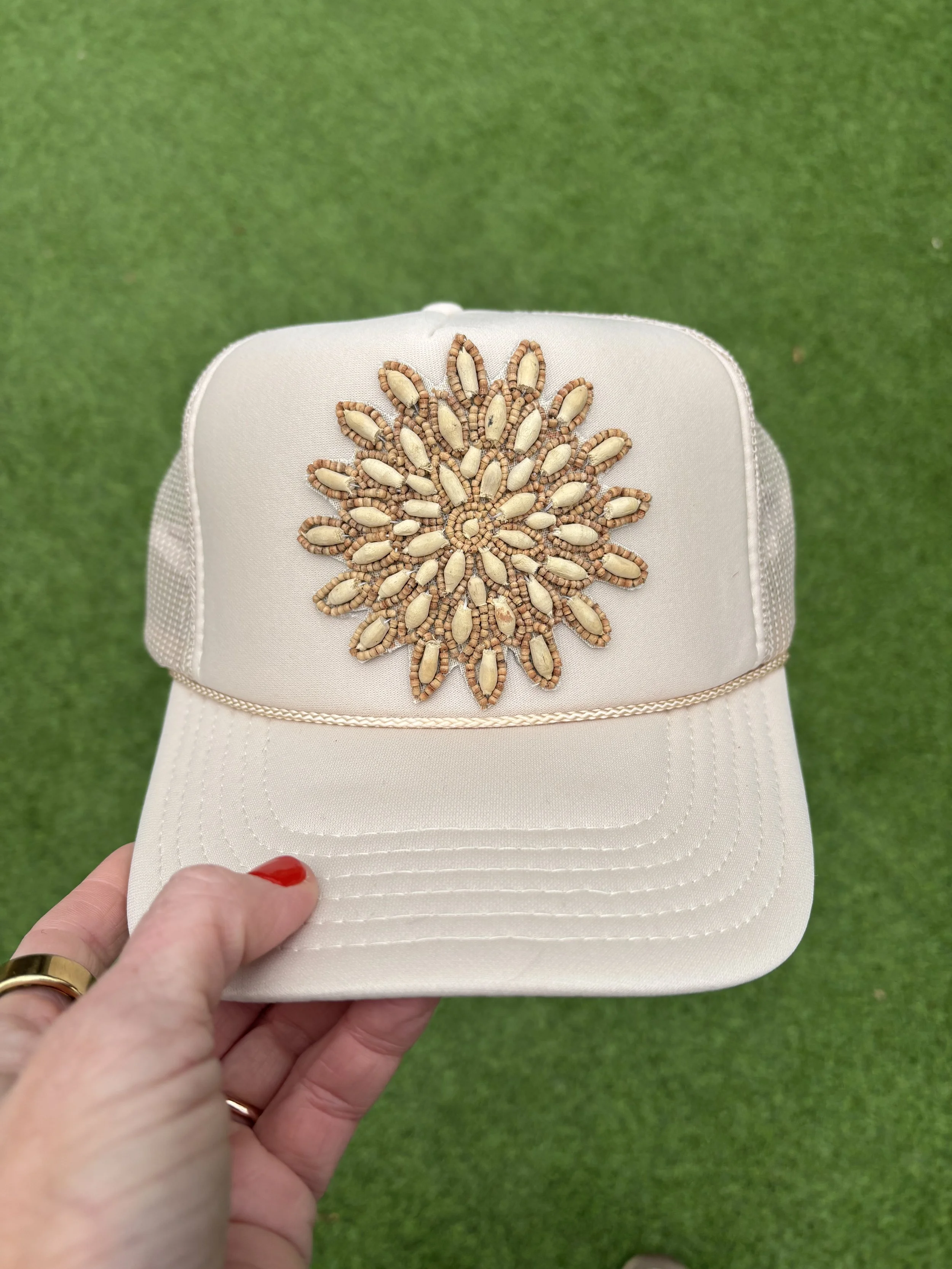 Sunburst Medallion Wooden Beaded Trucker