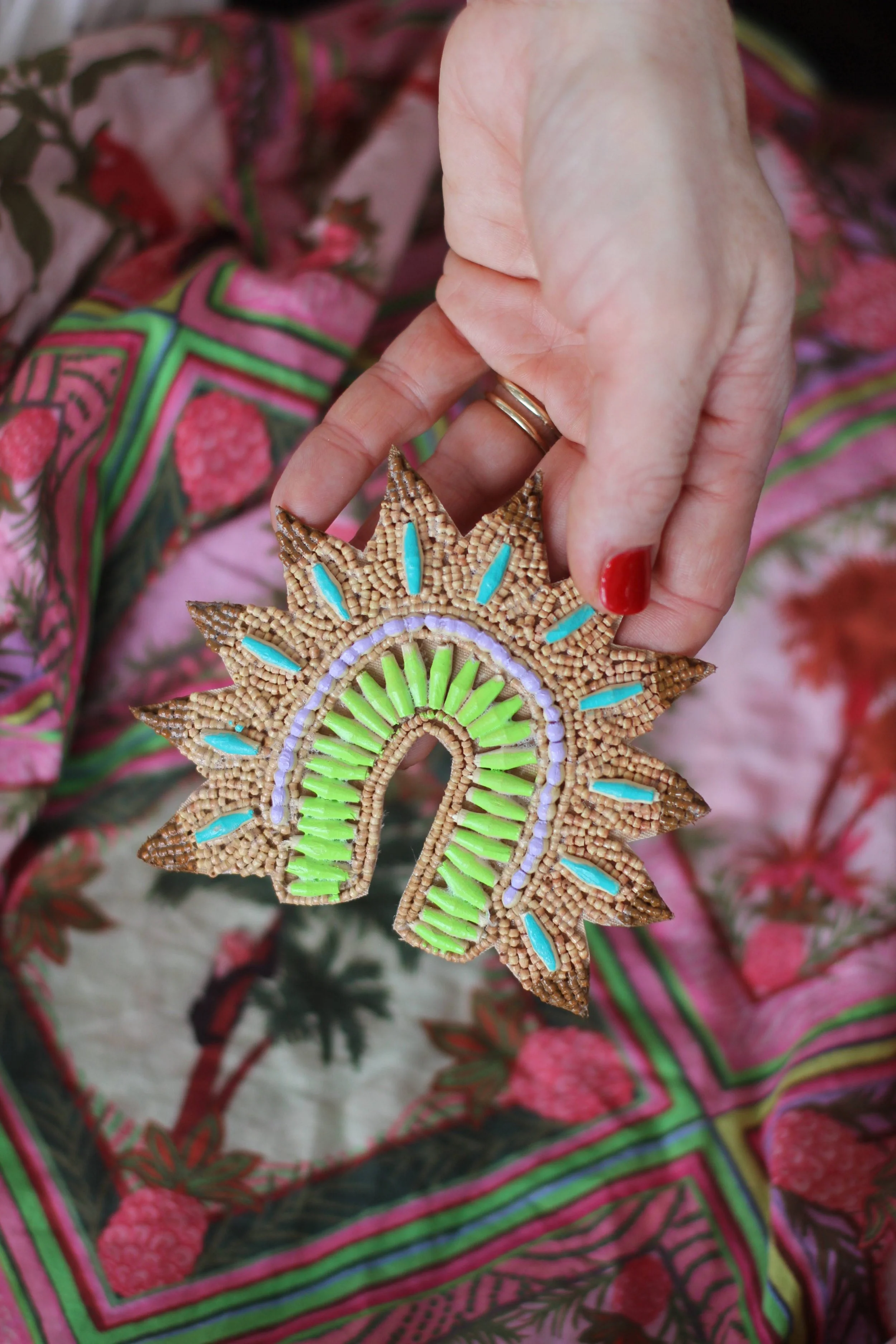PAINTED ARCH MEDALLION Wooden Bead Trucker Hat