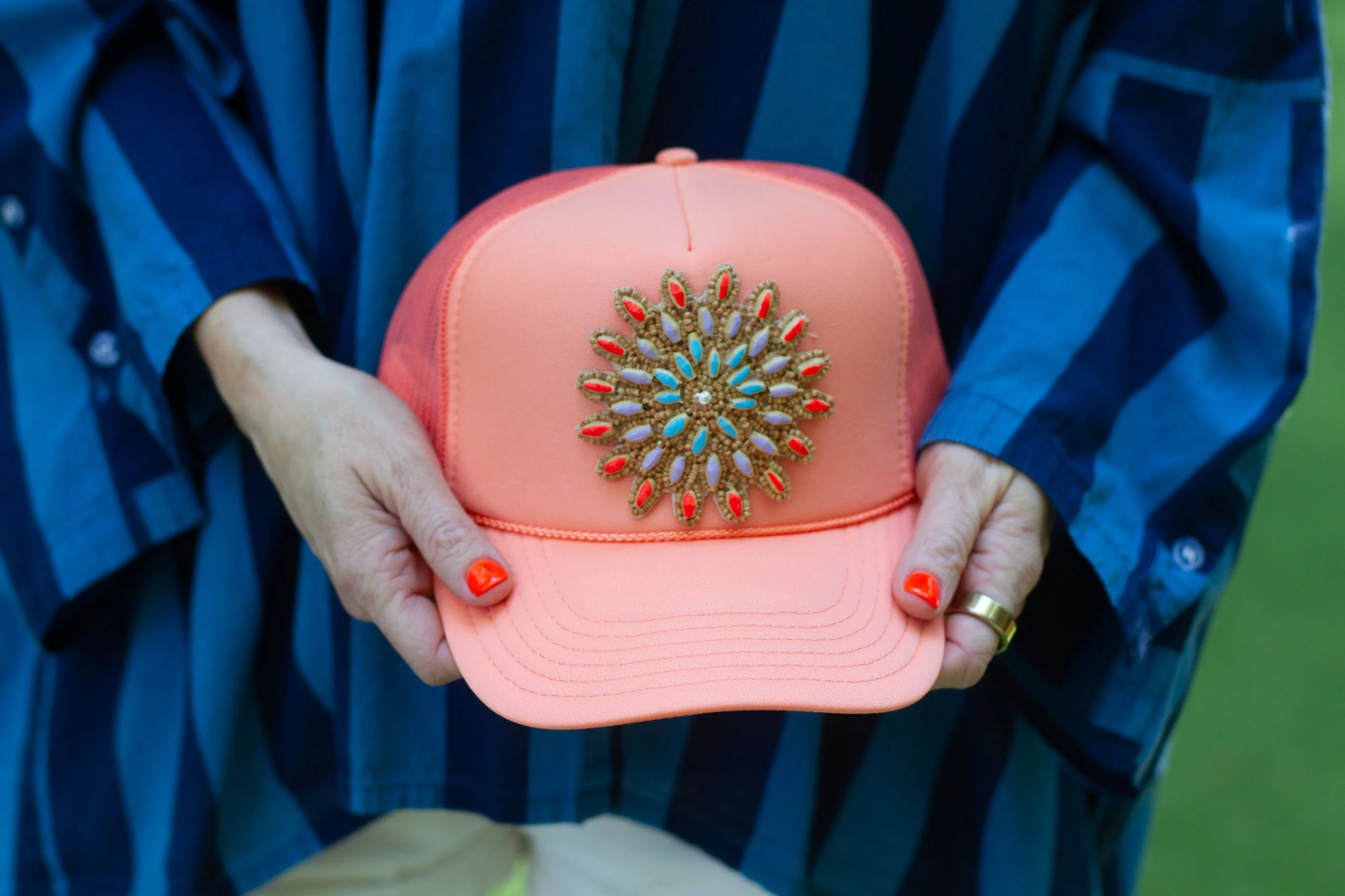 Wooden Beaded Sunburst Trucker- Painted Edition CORAL