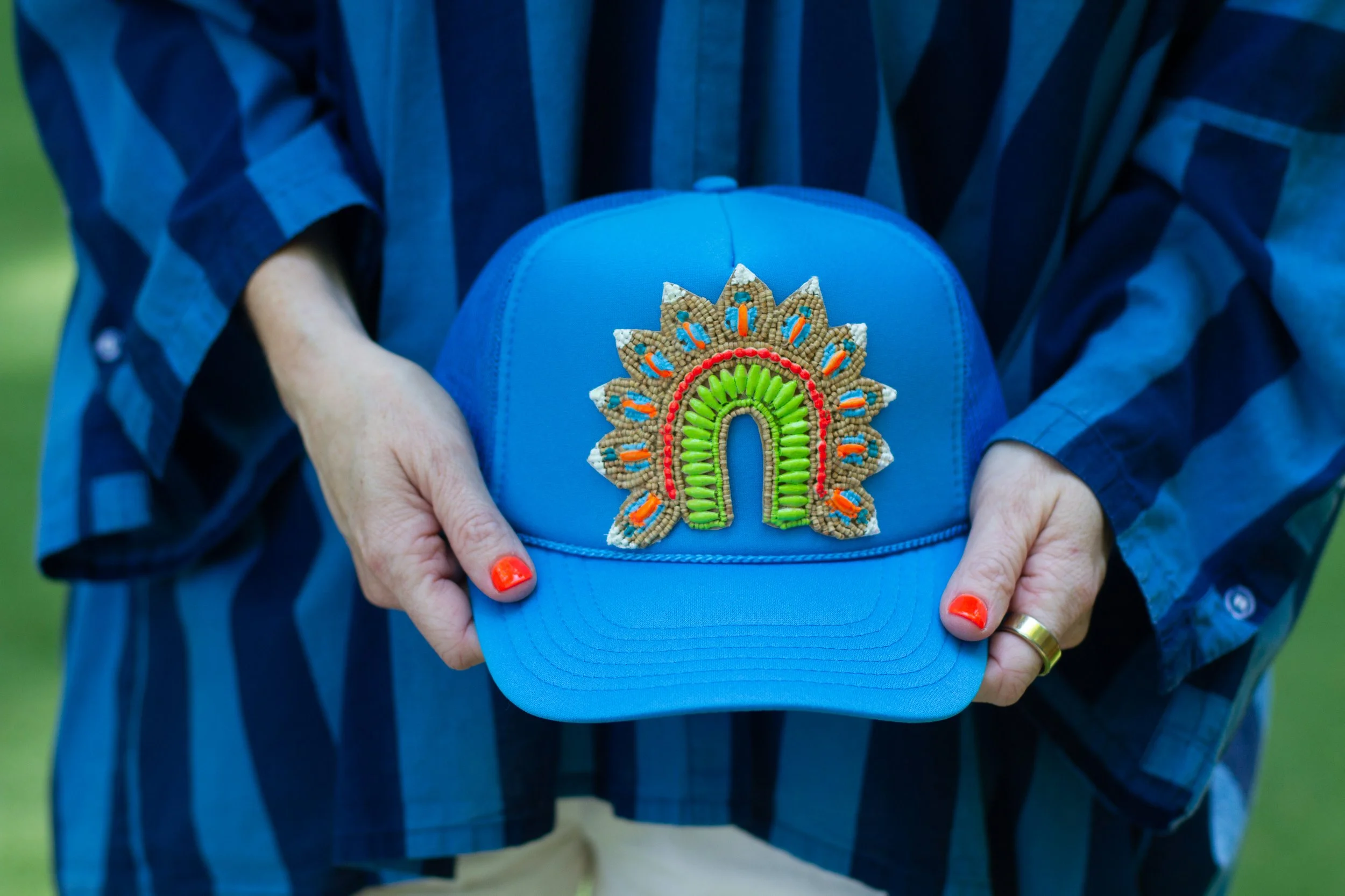 Wooden Beaded Arch Medallion Trucker- Painted Edition NEON BLUE