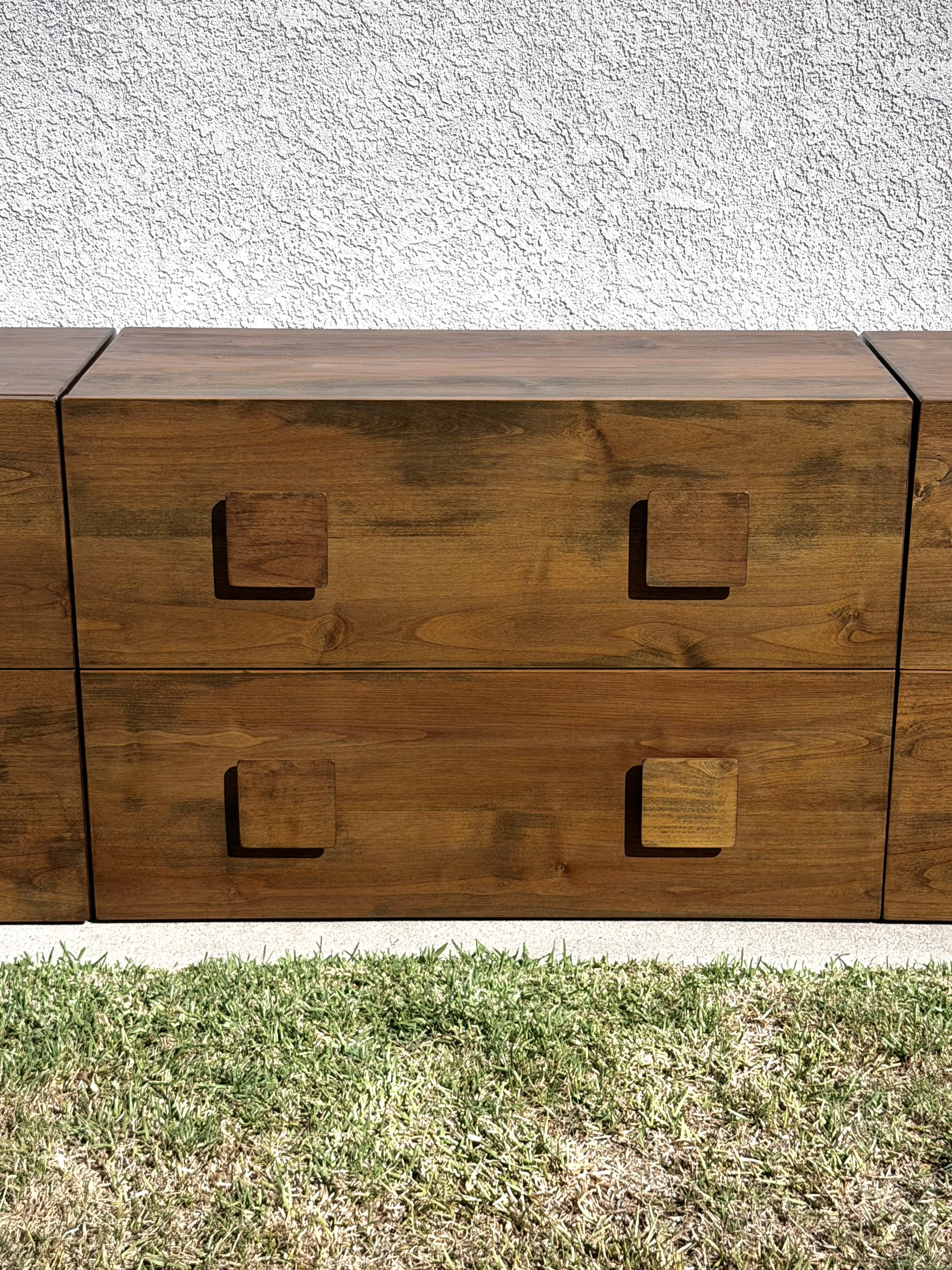 Custom 3-piece mid-century modern modular TV stand in the iconic "Carmen" style. Handbuilt from solid Alder and Poplar, finished with General Finishes Provincial and Amber dye. Versatile modular blocks can be arranged as a long media console, nightst