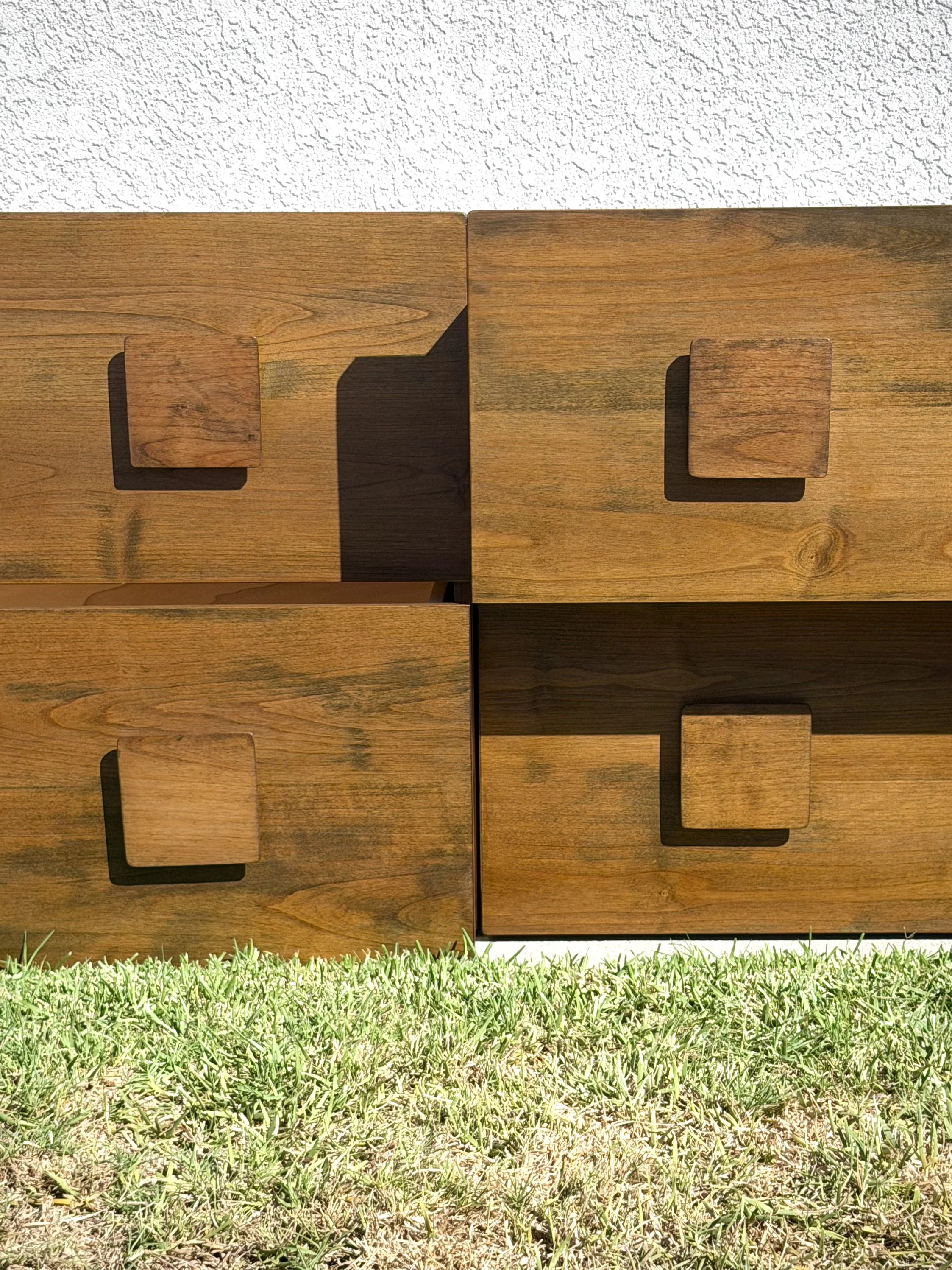 Custom 3-piece mid-century modern modular TV stand in the iconic "Carmen" style. Handbuilt from solid Alder and Poplar, finished with General Finishes Provincial and Amber dye. Versatile modular blocks can be arranged as a long media console, nightst