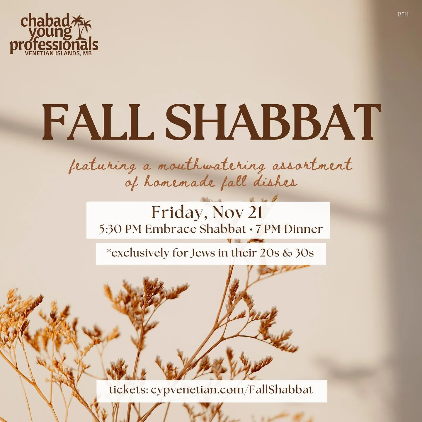 CYP Fall Shabbat 🍂

Come enjoy a wonderful Shabbat experience with fellow young Jews as we savor homemade mouthwatering fall dishes &amp; fine wines 🍷

Unplug from all the noise and connect with a wonderful group of friends and recharge for the wee