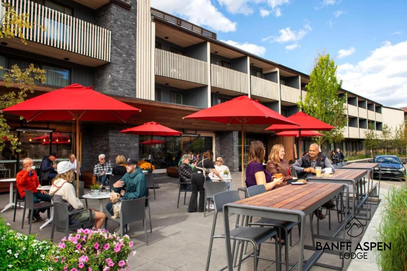 A busy patio at one of the top rated hotels in Banff