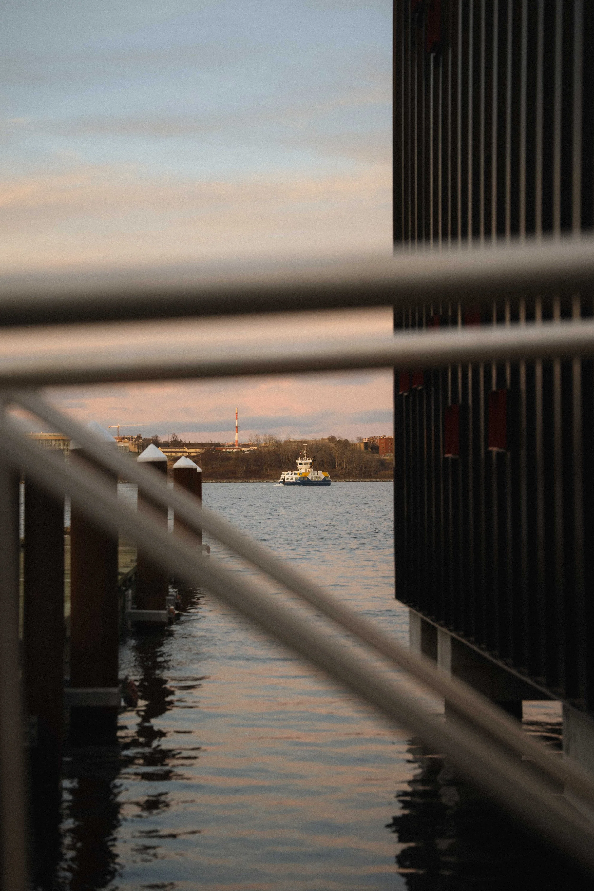 a photo of the Halifax Harbour ferry to Dartmouth at sunset photographed through a railing along the Waterfront, a guide to traveling in the city