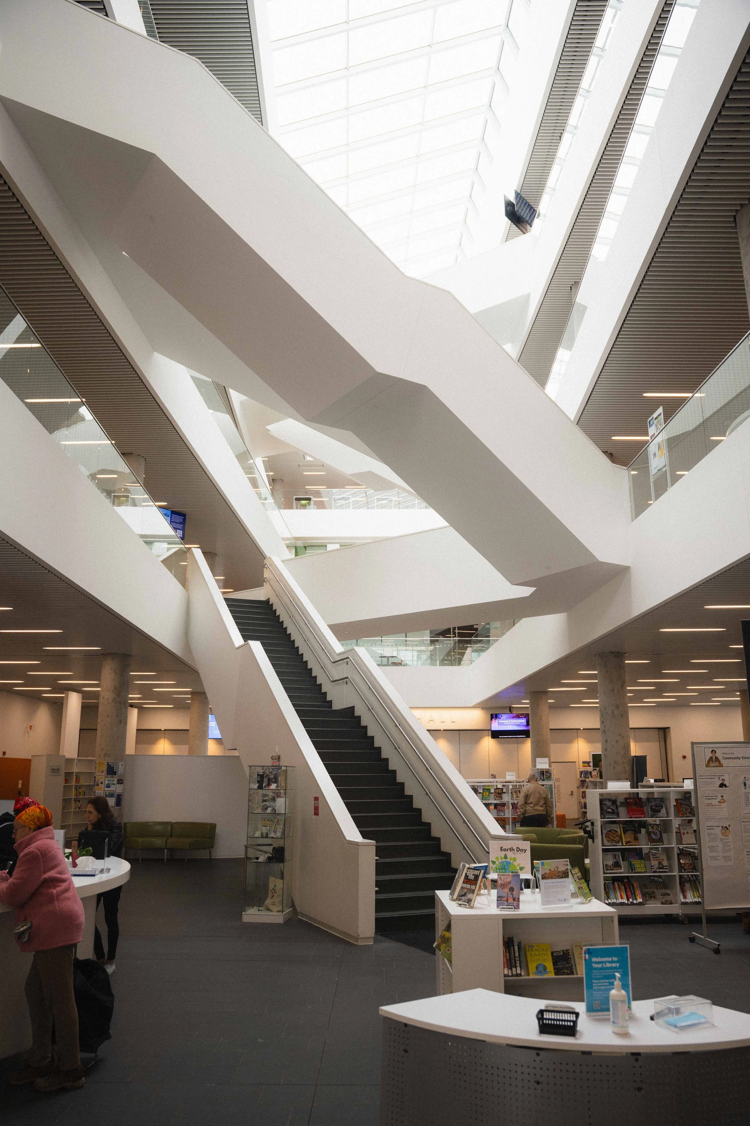interior architecture of a modern library staircase in Halifax, Canada while exploring the city's third spaces