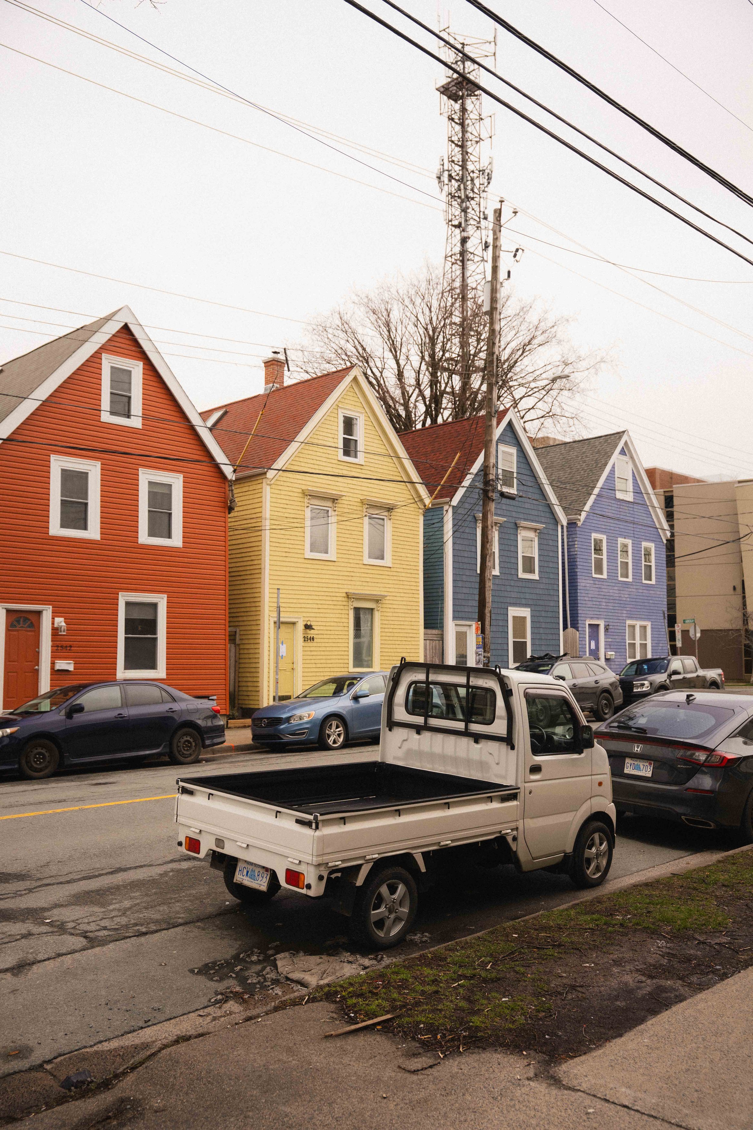 a photo of a suzuki carry in front of the Halifax Four Sisters, a row of colourful fishing style houses on Agricola Street in Halifax's North End