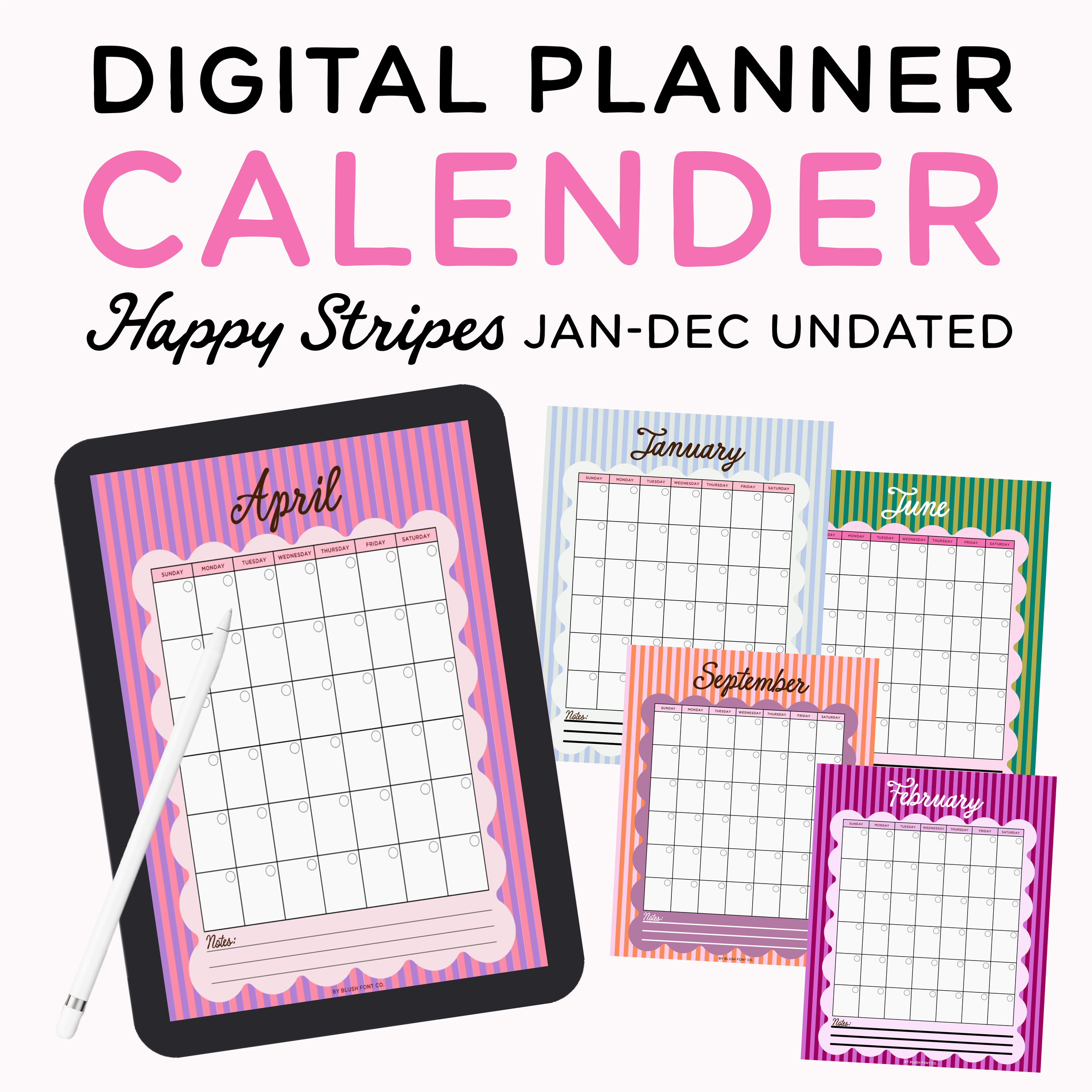 "Happy Stripes" GoodNotes Undated Monthly Digital Calendar Planner
