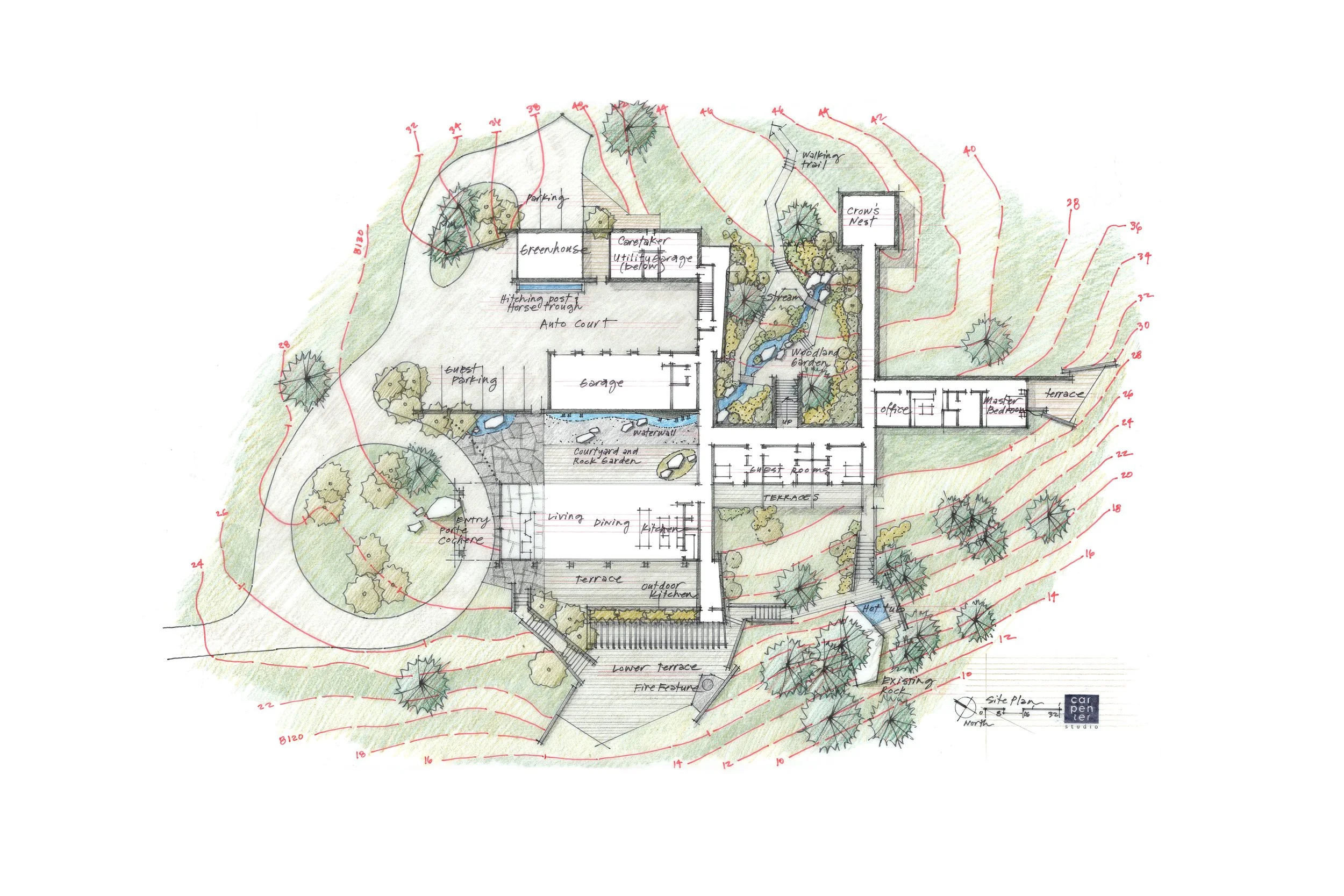 carpenter studio - process - residential property displaying main entry with trees, outdoor kitchen and dining, fire gathering area, parking areas, water features, enclosed courtyard, multiple terraces, fire lounge, spa, and roof garden.