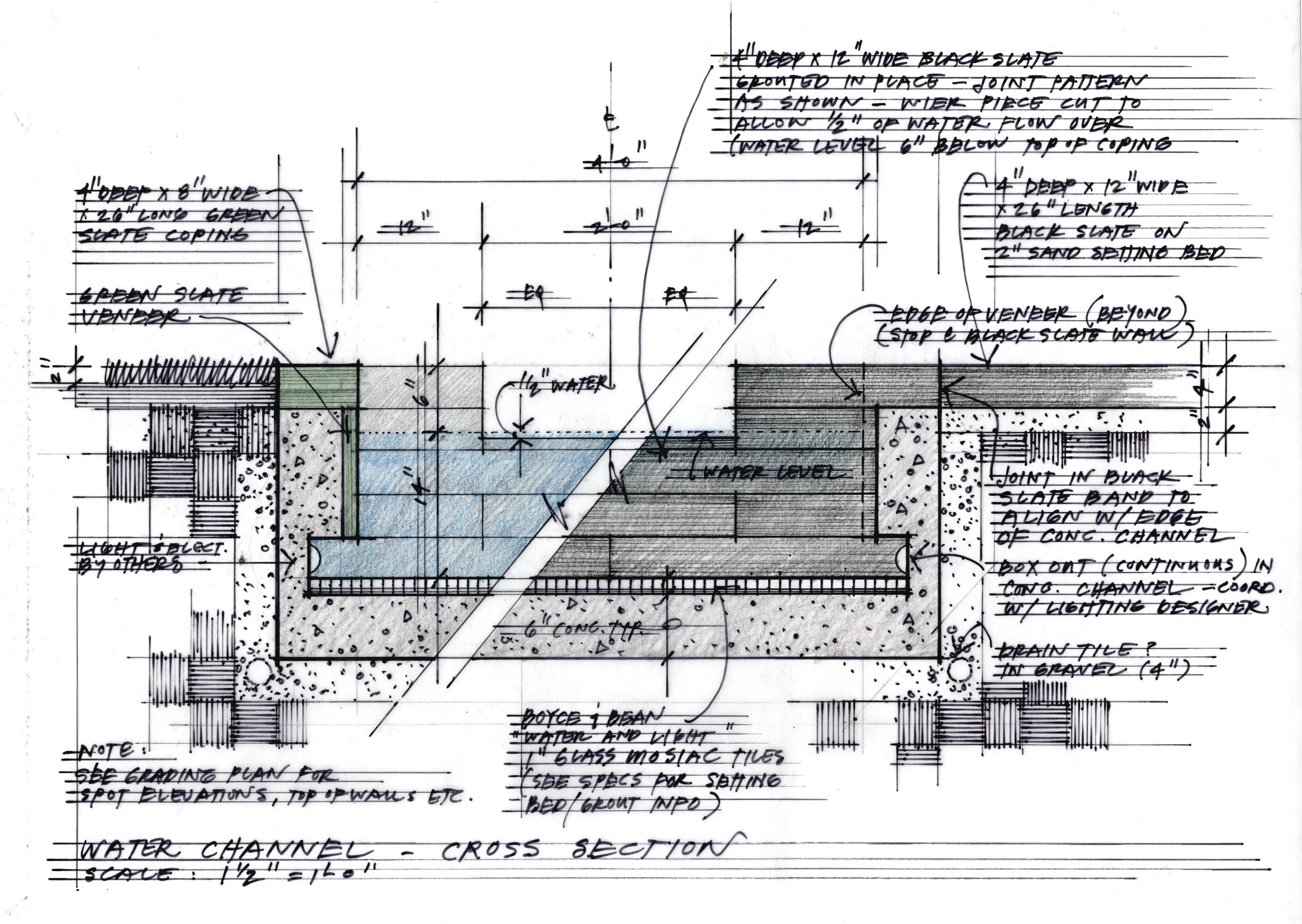 carpenter studio - process - detailed architectural plan of a water channel cross section showing measurements, annotations, and materials for construction, including water levels, concrete, and bedding.