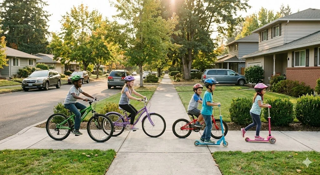 A diverse group of five elementary school-age children wearing helmets while riding bicycles and kick scooters along a concrete sidewalk in a quiet, tree-lined suburban residential neighborhood during late afternoon.