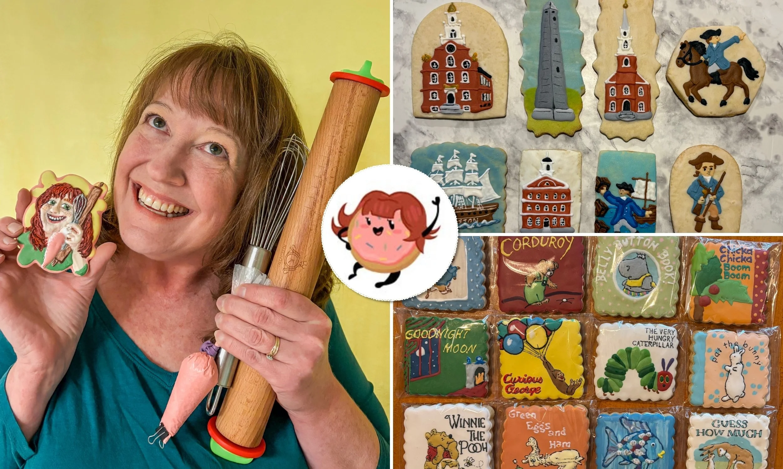 Andrea Morgan of Crafty Momma Cookies holding decorated custom cookies in Maynard Massachusetts