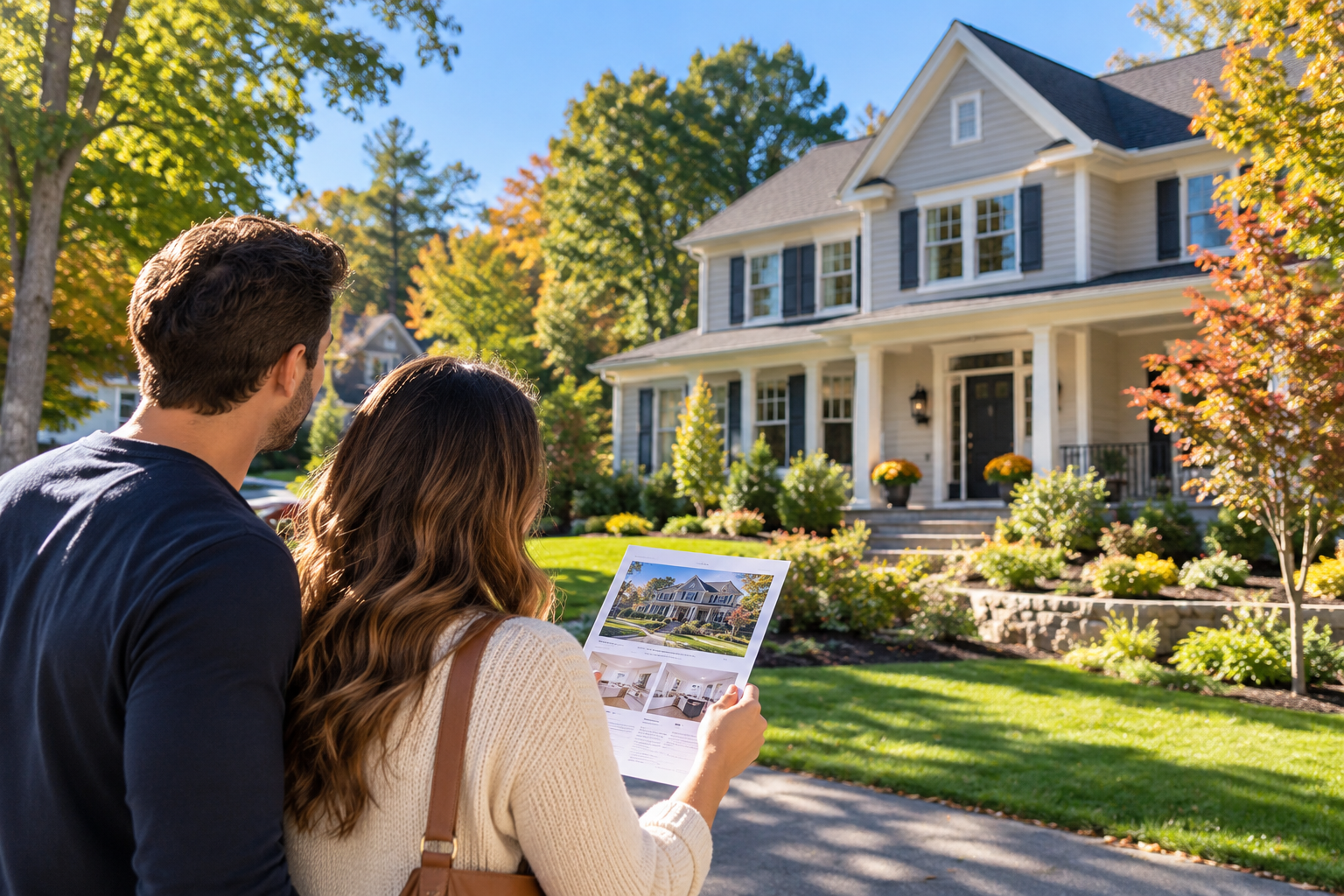 Couple holding a listing sheet and looking for a home
