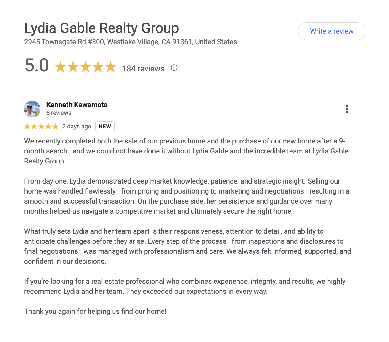 Lydia Gable 5-star Review Westlake Village Seller