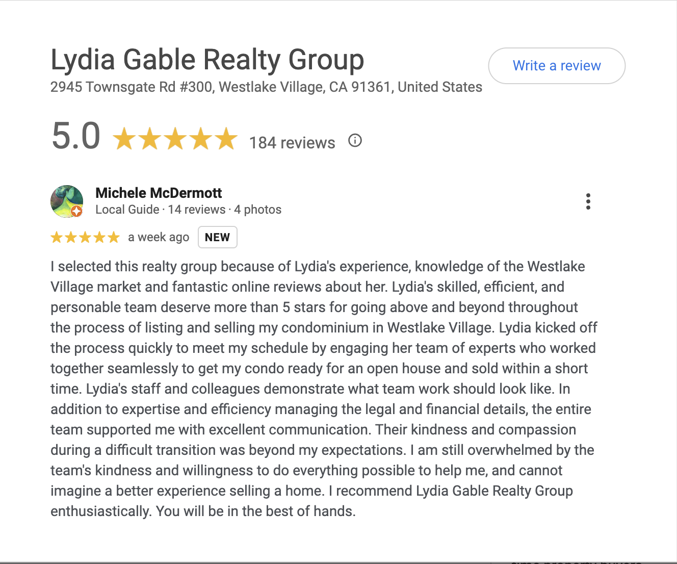 Lydia Gable 5-star review Westlake Village Home Seller