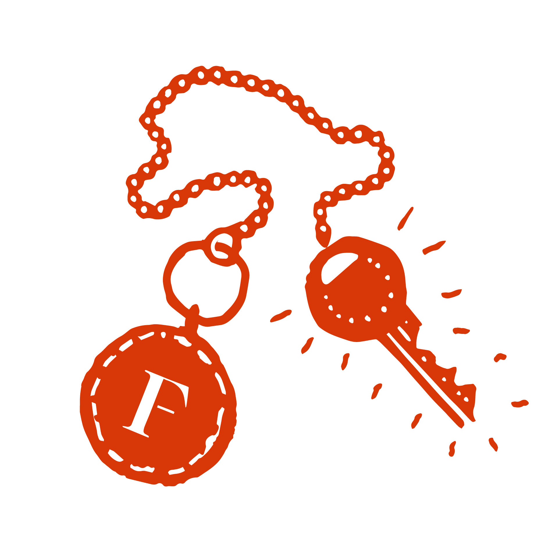 Illustration of a key and keychain with the letter F on a chain