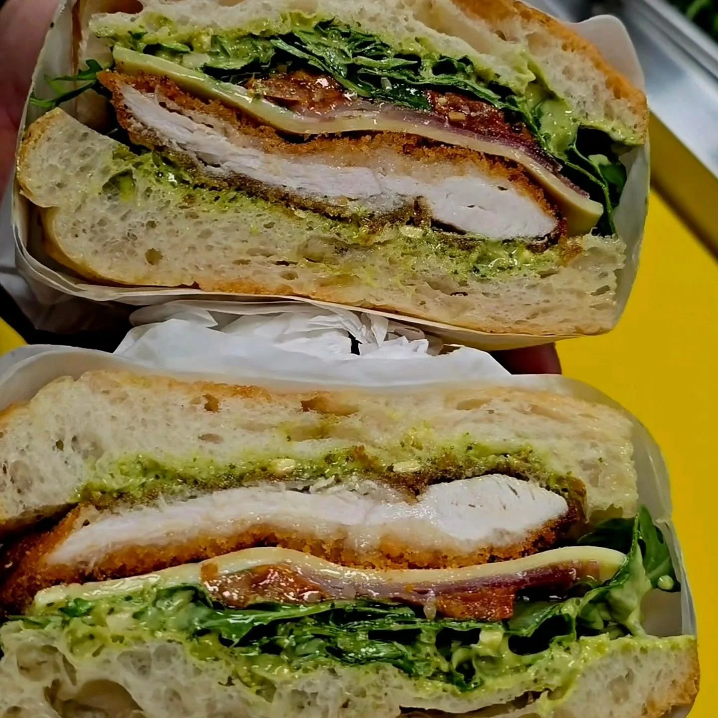 Return of this old classic! 
Chicken Schnitzel Foccacia $15
-pesto mayo
-mozarella 
-proscuitto
-sundried toms
-fresh rocket
-crispy schnitzel
😘