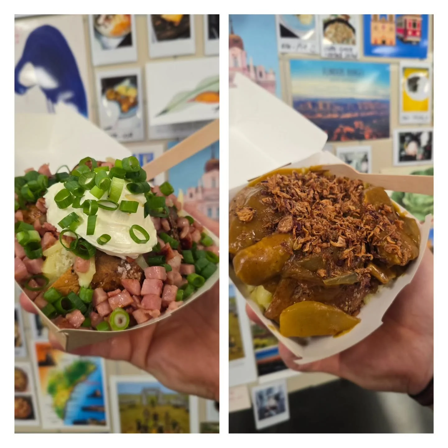 A perfect hot lunch to fill up this week
We have our loaded baked potatoes. 2 options 
1 the usual suspect- crispy bacon cheese sour cream and spring onion
2 chicken curry cheese and crispy onions ( trust us this slaps) 

As always you can add jalape