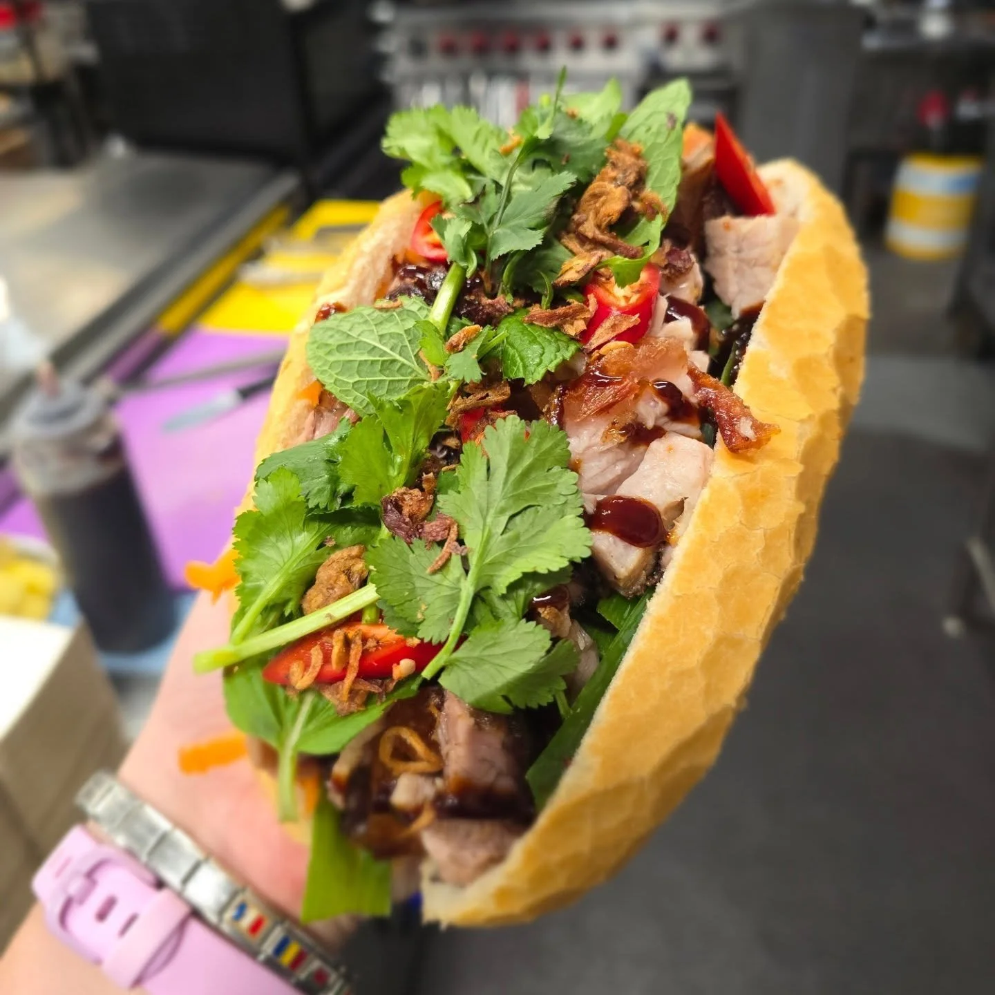 Crispy roast pork bahn mi is back! 

Tasty roast pork with fresh juliened veggies, hoisin sauce, pate and herbs. Chilli optional. 

Available 9am until soldout #haveyoubeenfedbyjed #haveyouevertriedthisone