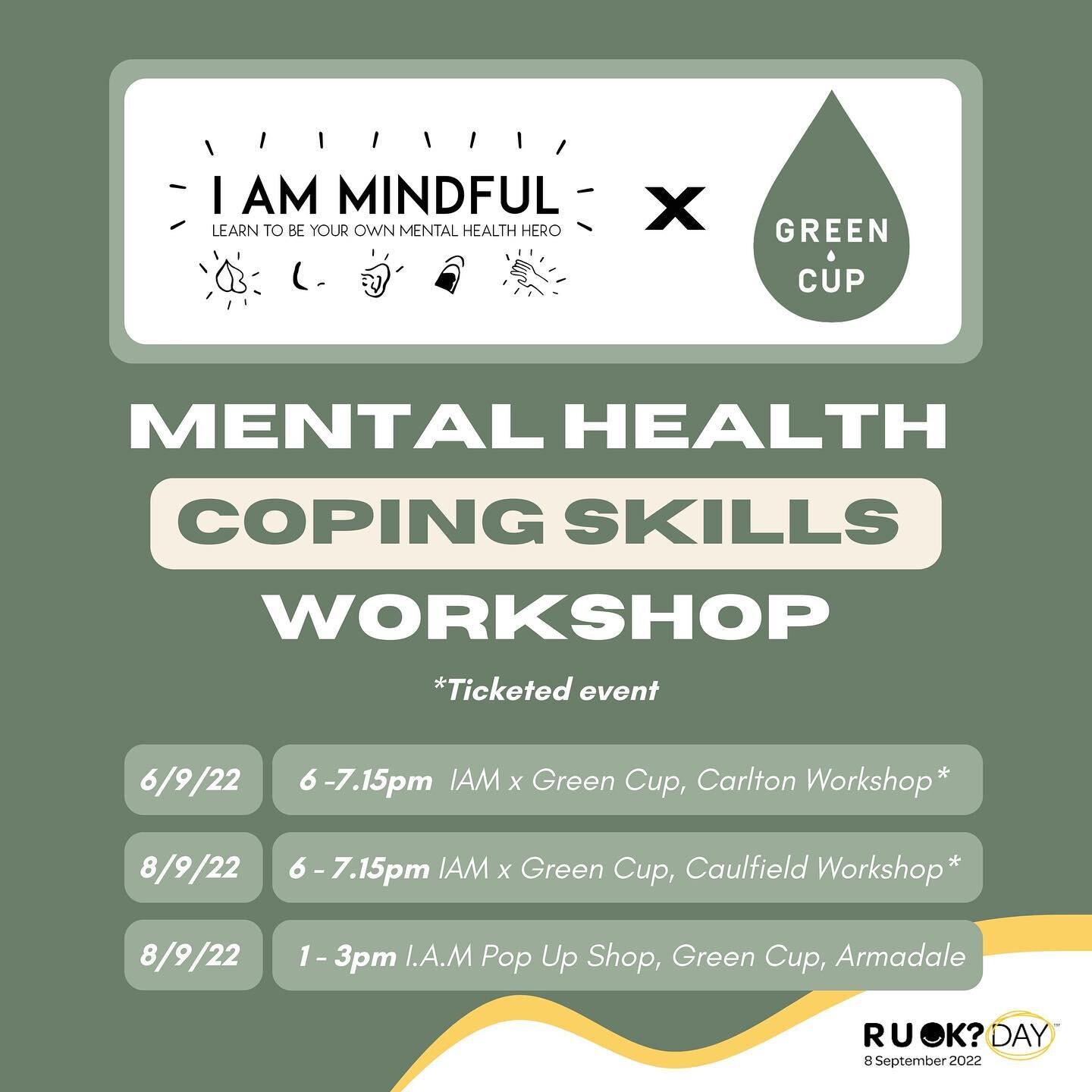 💛🧠RUOK? DAY WORKSHOP 🧠💛

SO excited to partner with @green.cup to run a series of in store activites and workshops around @ruokday 

@i.am.mindful_ mental health workshop tickets are limited and will help people learn mental health coping skills 