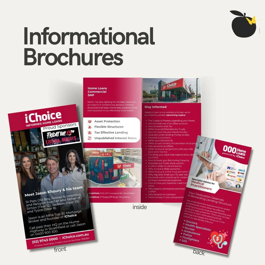 We recently had the pleasure of designing a sleek, DL informational brochure for one of Australia&rsquo;s top mortgage brokers, @ichoice ahead of a school trivia night in which they were sponsors, on Friday the 13th.

Our team nailed it by creating a