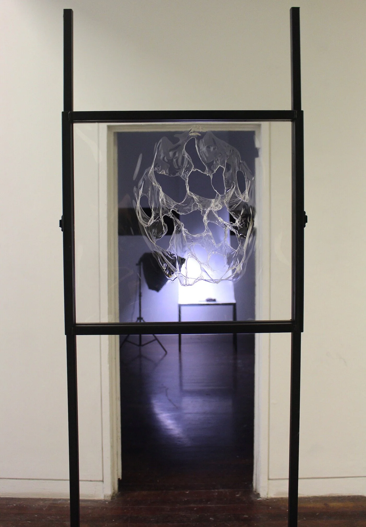 To Sip from the Sweet Cup (swallow the lump of illusion, spit yourself out in shards), Acetate, square steel structure, black paint, 2021
