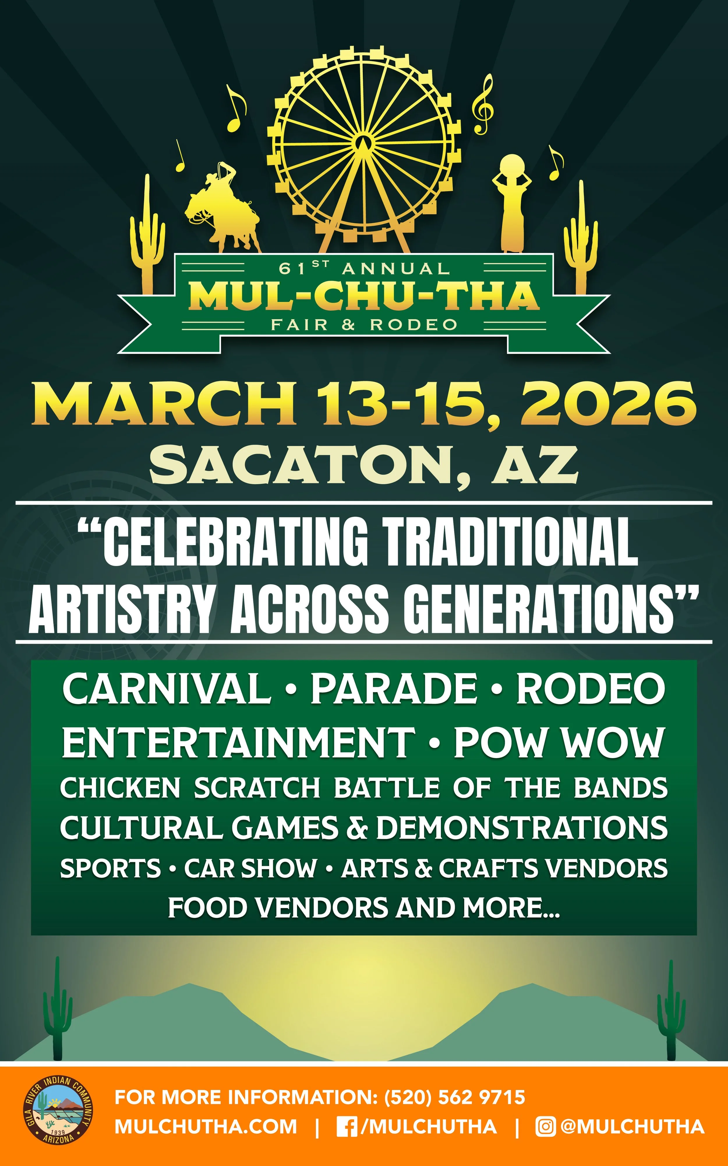 Flywer showcasing information for upcoming vendor event Rachael Anra is partaking in. The even is the Mul-Chu=Tha, having on March 13 - 15, 2026 in Sacaton, AZ. Theme of Fair and Rodeo is "Celebrating Traditional Artistry Across Generations".