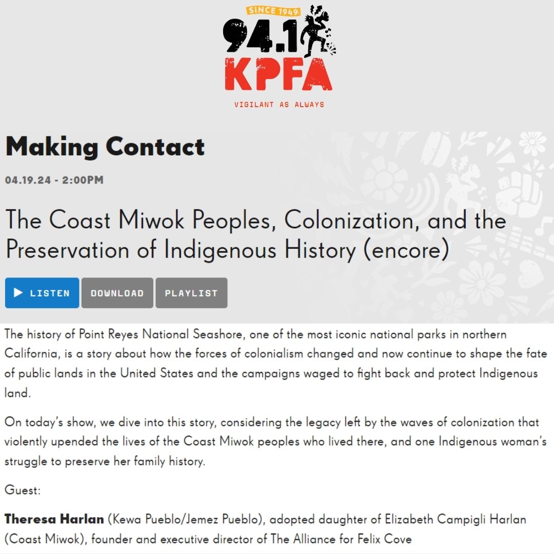The Coast Miwok Peoples, Colonization, and the Preservation of Indigenous History (encore)

Listen to an encore broadcast of our story on @kpfaradio's @makingcontactradioproject show. 

#a4fc #ProtectFelixCove #CoastMiwok #rematriate