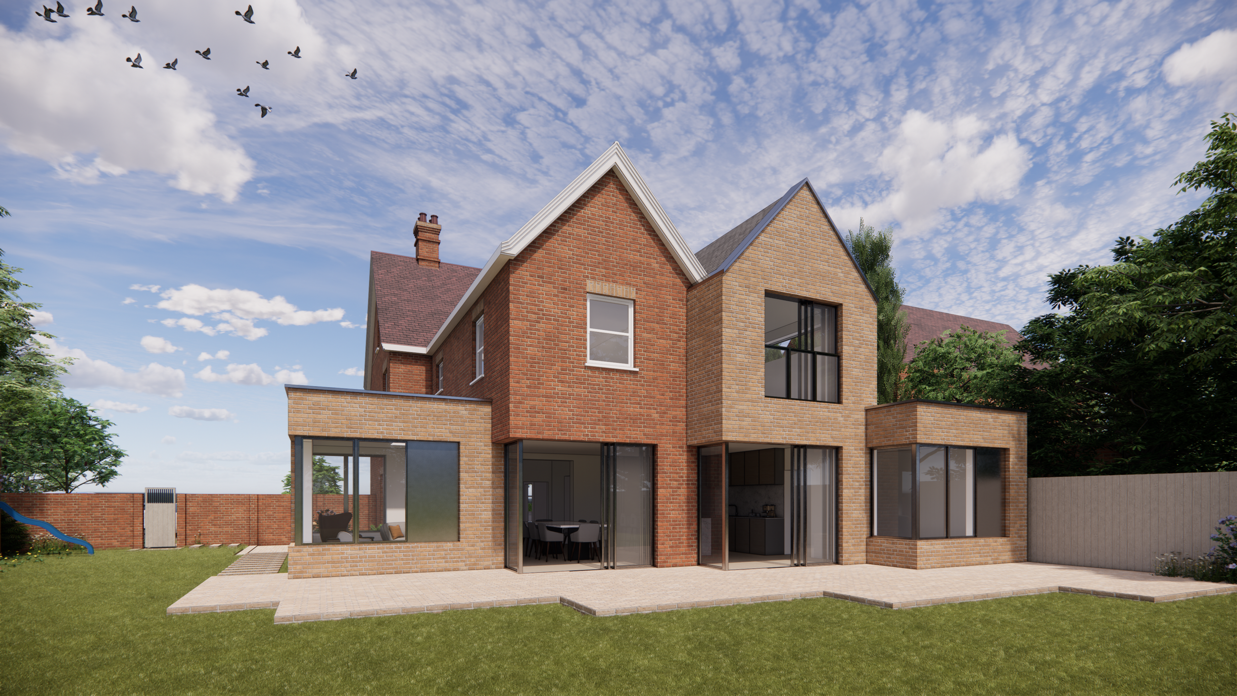 Pont + Wils Architects — A modern two-story house with a brick exterior, large windows, a garden with a lawn, a paved patio, and a blue sky with clouds and birds.