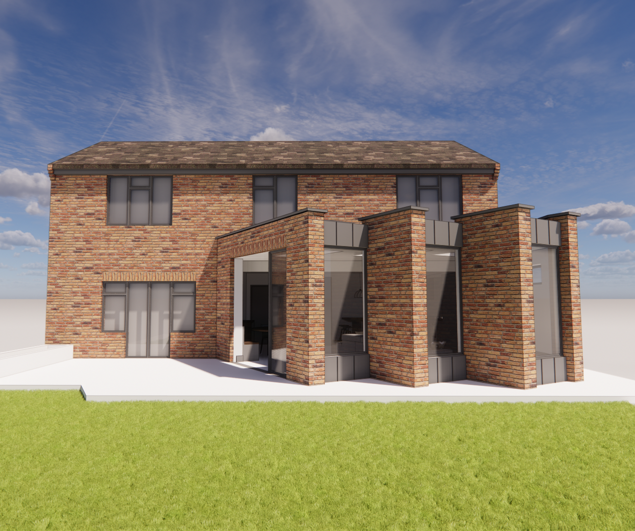 Pont + Wils Architects — A modern brick house with large glass windows and structural protrusions on a grassy lawn under a blue sky with clouds.