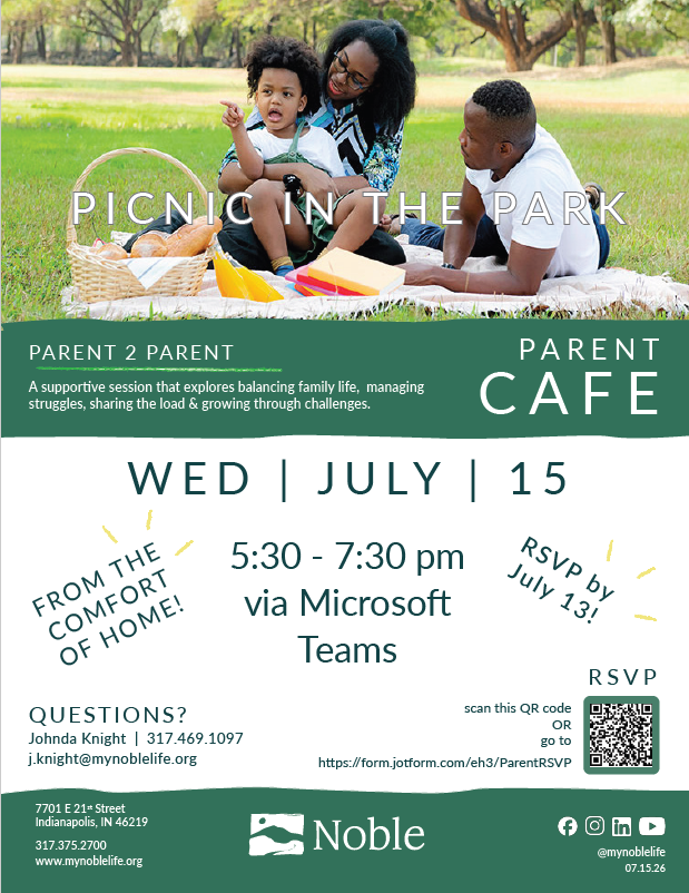 A man, a woman and child sitting on a blanket on grass  with trees in the background. Text says parent cafe on July 15 5:30-7:30pm.